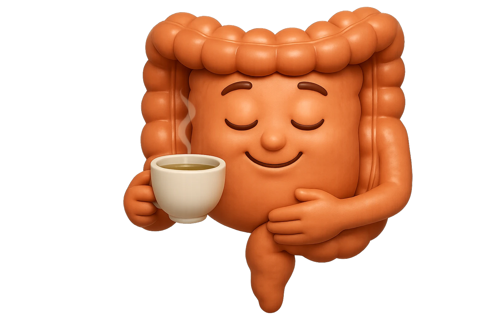 emoji stile iphone 3d di intestino umano sereno che si tocca la pancia mentre sorseggia un thè alle erbe, iperrealistico 4k emoji