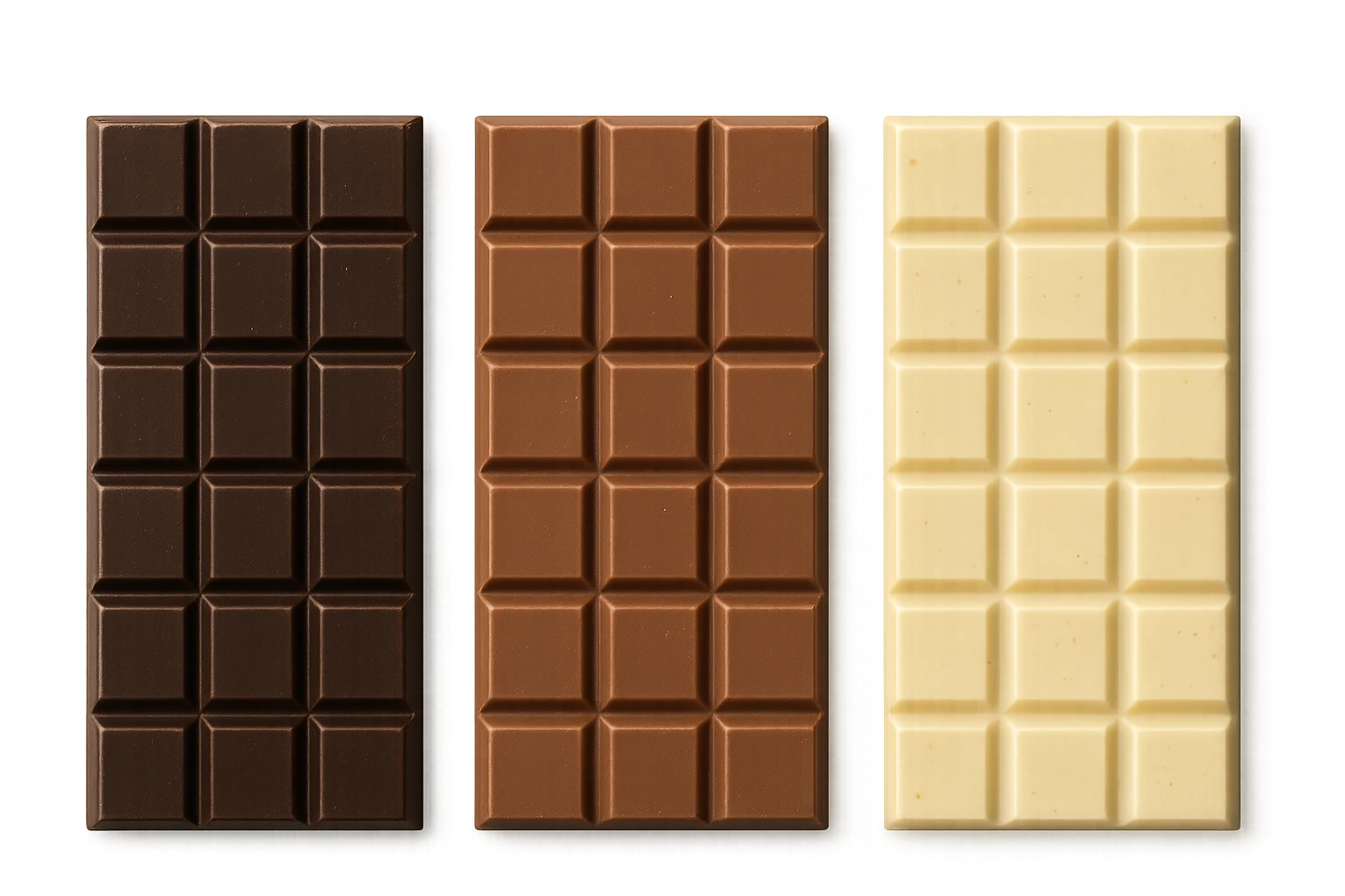 3 BARRETTE DI CIOCCOLATO, UNA FONDENTE, UNA AL LATTE E UNA BIANCA, VISTE DALL'ALTO, IPERREALISTICO 4K emoji