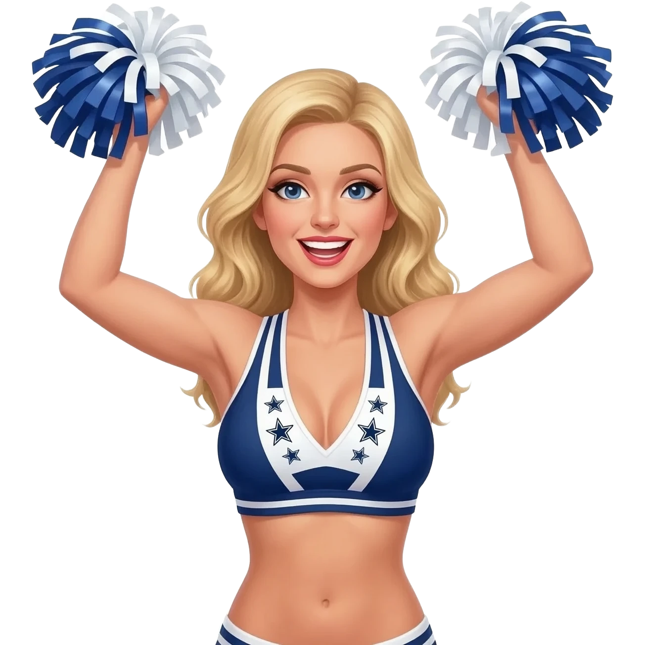 Dallas cowboys cheerleader blonde bikini top with white stripes on the edges, with 3 blue stars on each stripe, super exited waving hands with blue and white pompoms emoji