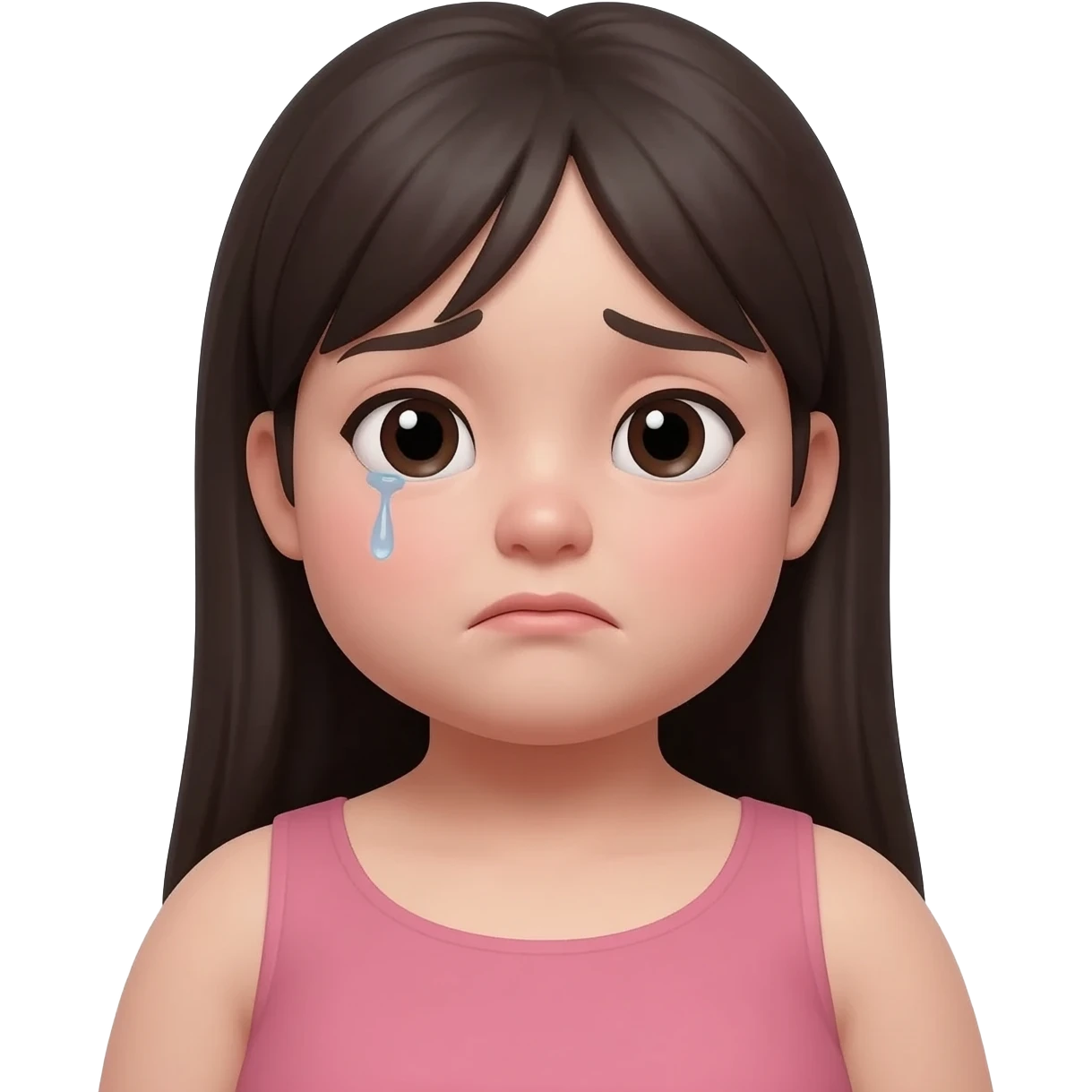 young woman, fuller face and chubby body, long straight dark hair, front view, visibly sad expression, realistic portrait, white background. emoji