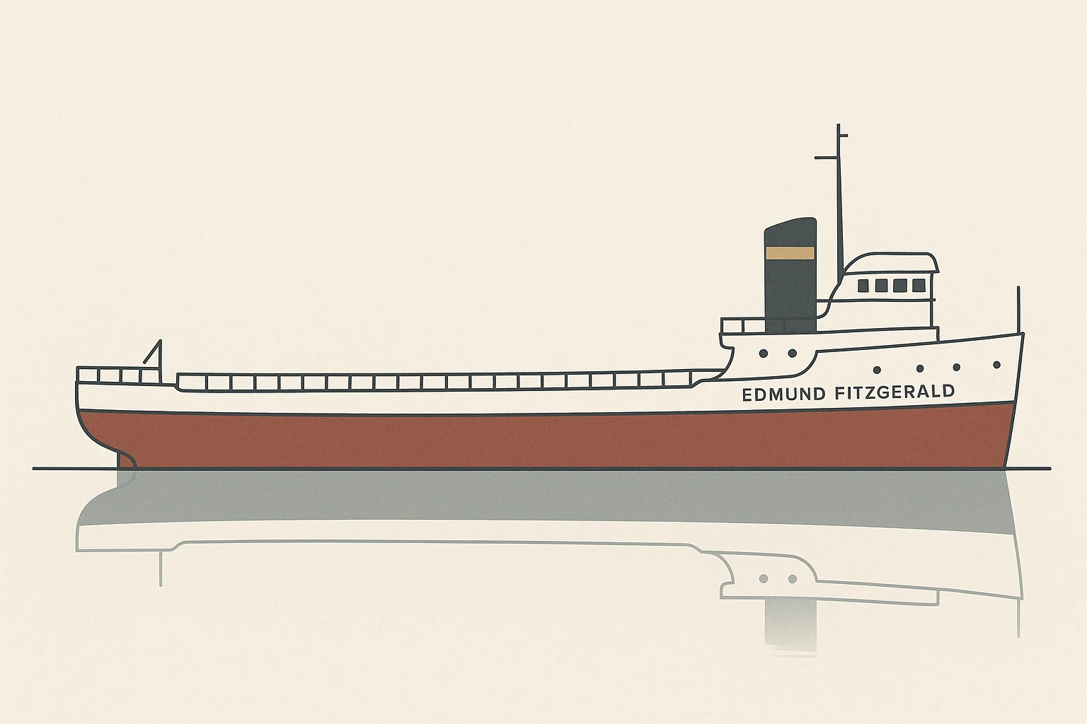 the Edmund Fitzgerald ship, minimalist, side profile, calm water emoji