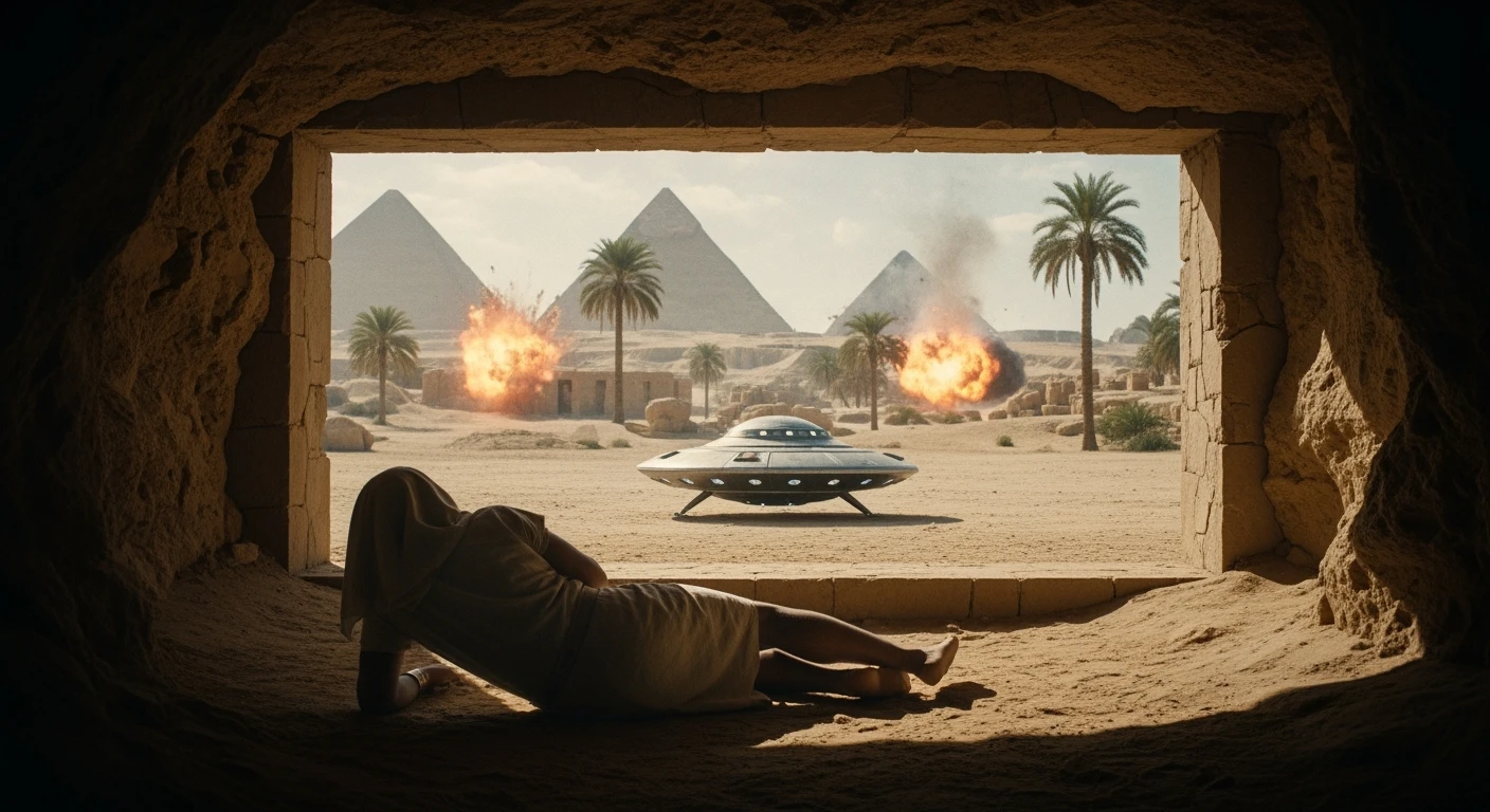 cinematic still, documentary photography, acient egypt, back shot of a man dress in ancient clothes in cave (frame in frame effect) on ground laying front of small ufo starship, explosions, palms, dynamic scane, leading lines, captured by arri alexa, depth layers, piramids in babckground emoji