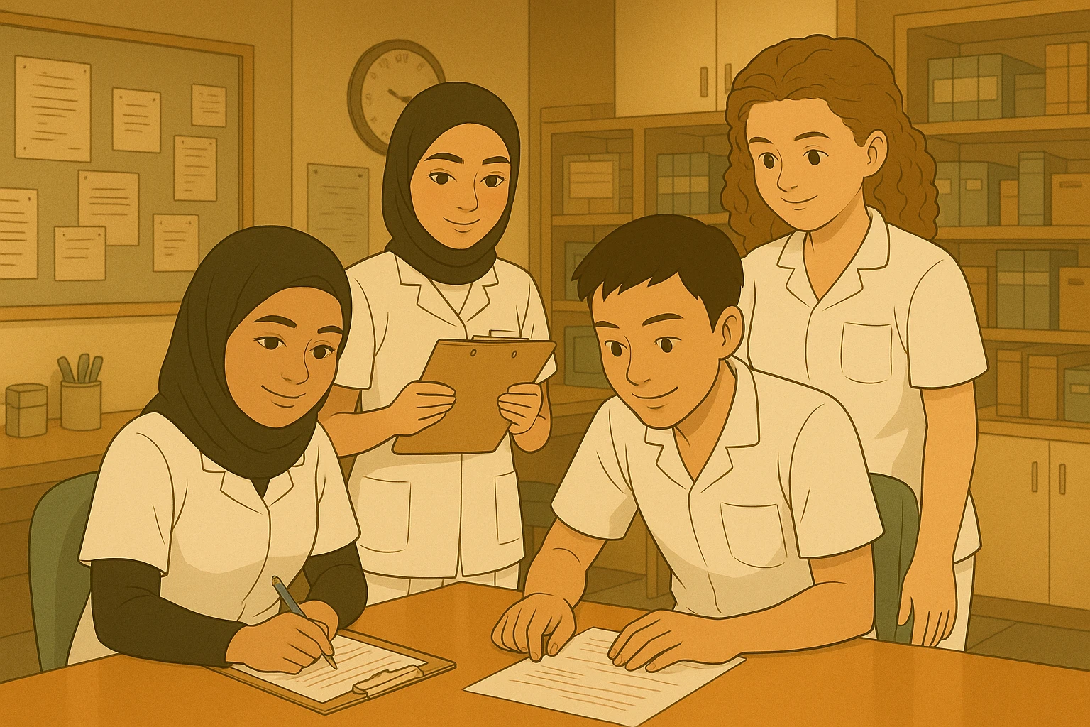 Create a collaboration scene with the four nursing students from the provided photos, in a care station, Ghibli style. White uniforms, V-neck medical tunics, left chest pocket, short sleeves, no classic collar, no accessories, warm and professional atmosphere. emoji