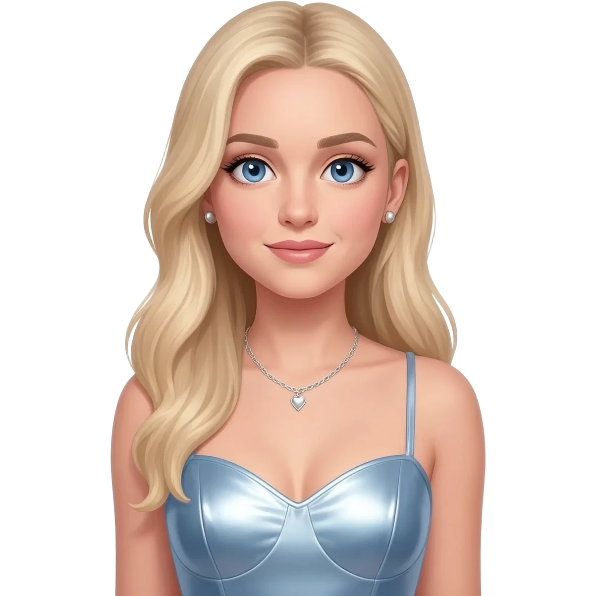 Sabrina Carpenter with blue eyes, long light blonde hair, light steel blue metallic sweetheart dress, silver necklace and short earrings emoji