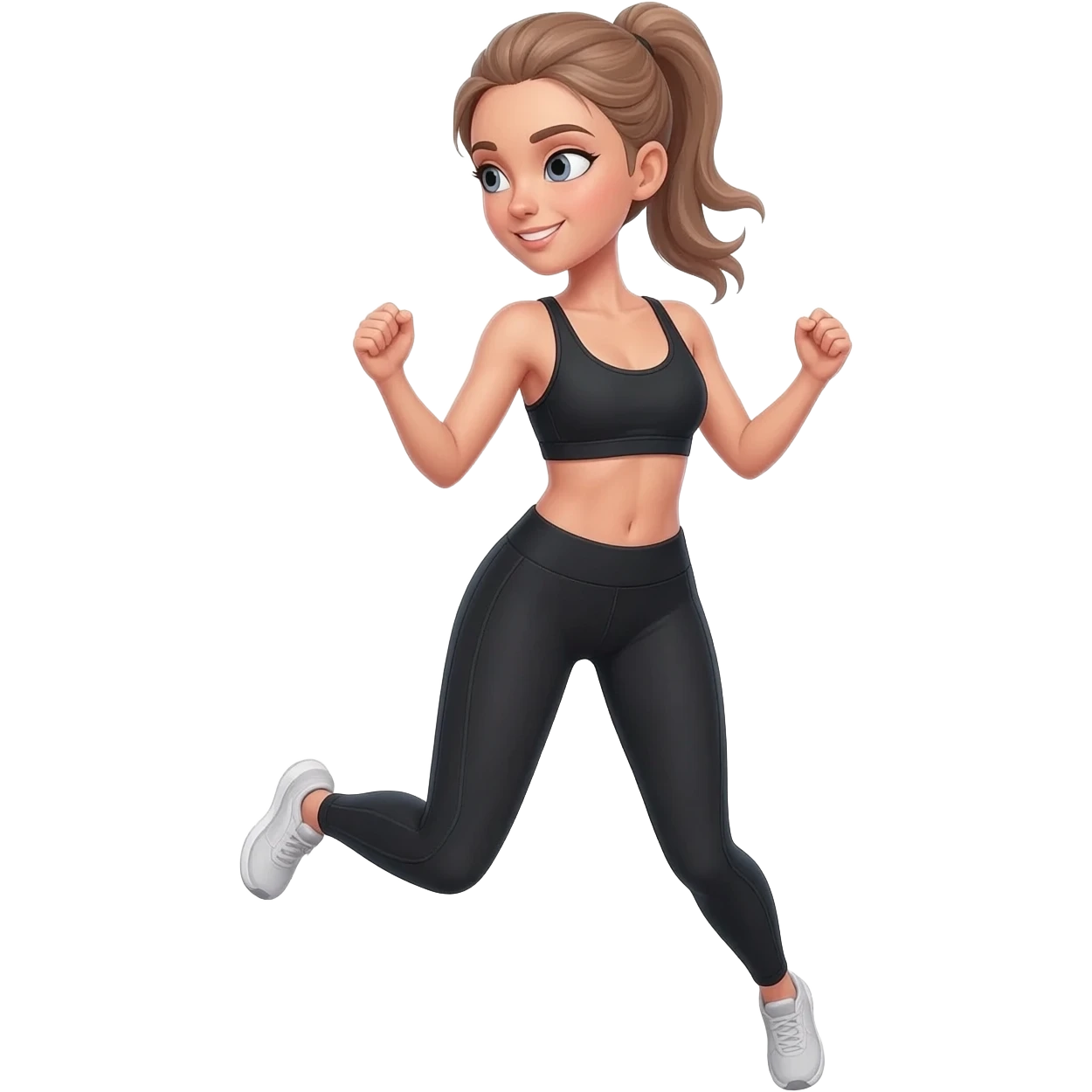 jumping jacks, fair-skinned woman, light gray-blue eyes, ash brown brows, ash light brown hair tied back, slim athletic body, black workout set emoji