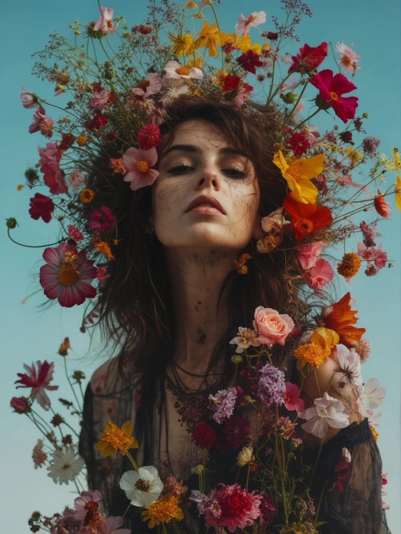 Closeup photo of a woman falling around explosion of a colorfull flowers wearing alternative fashion, blue sky minimalistic background emoji