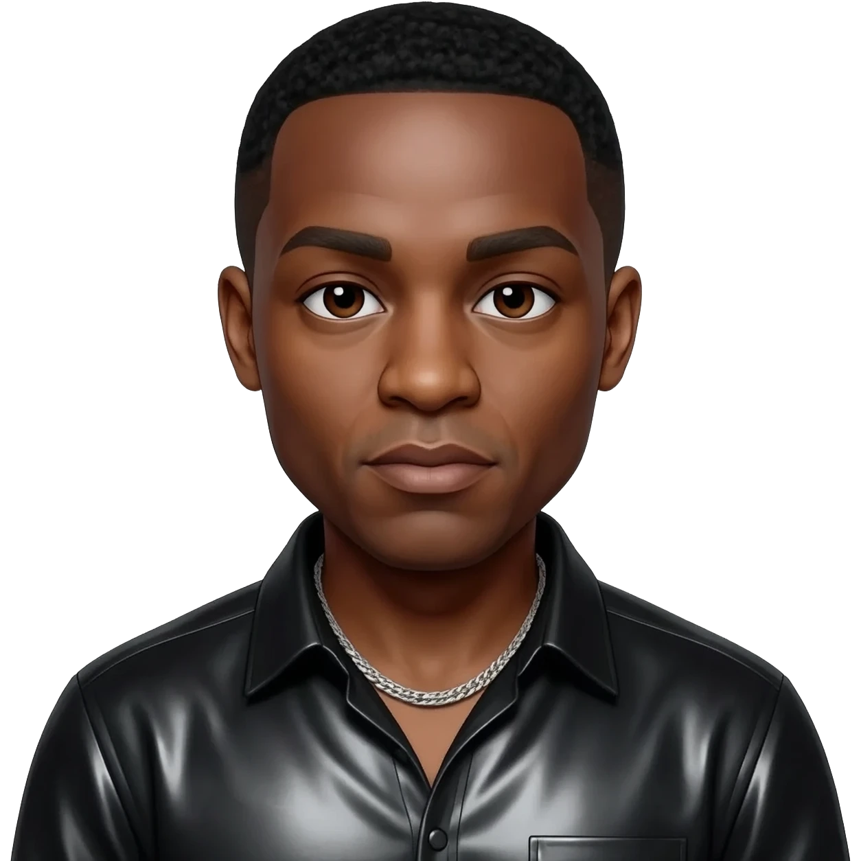 Timbaland with dark brown eyes, black hair, black metallic shirt, silver necklace emoji
