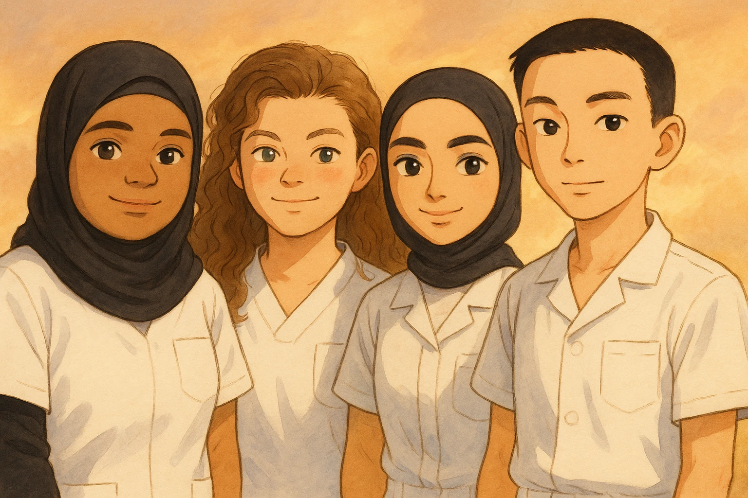 Four nursing students standing side by side in a warm atmosphere, Ghibli style. They wear white short-sleeved uniforms with medical tunic tops featuring V-neck collars and left chest pockets. No undershirts or stethoscopes. Faces and attitudes inspired by the four provided photos, version 4. emoji
