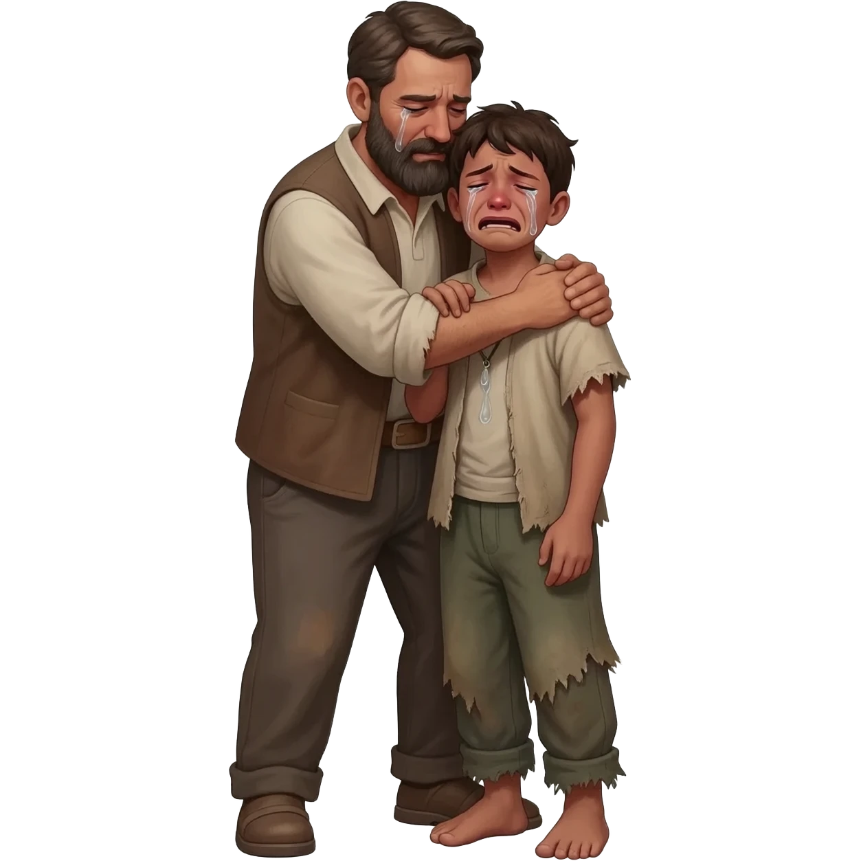 нарисуй как отец со слезами  обнимет с любовью и слезами  сына в рвной одежде  возростом 20-24  года во весь рост  ,  времена древнего иерусалима emoji