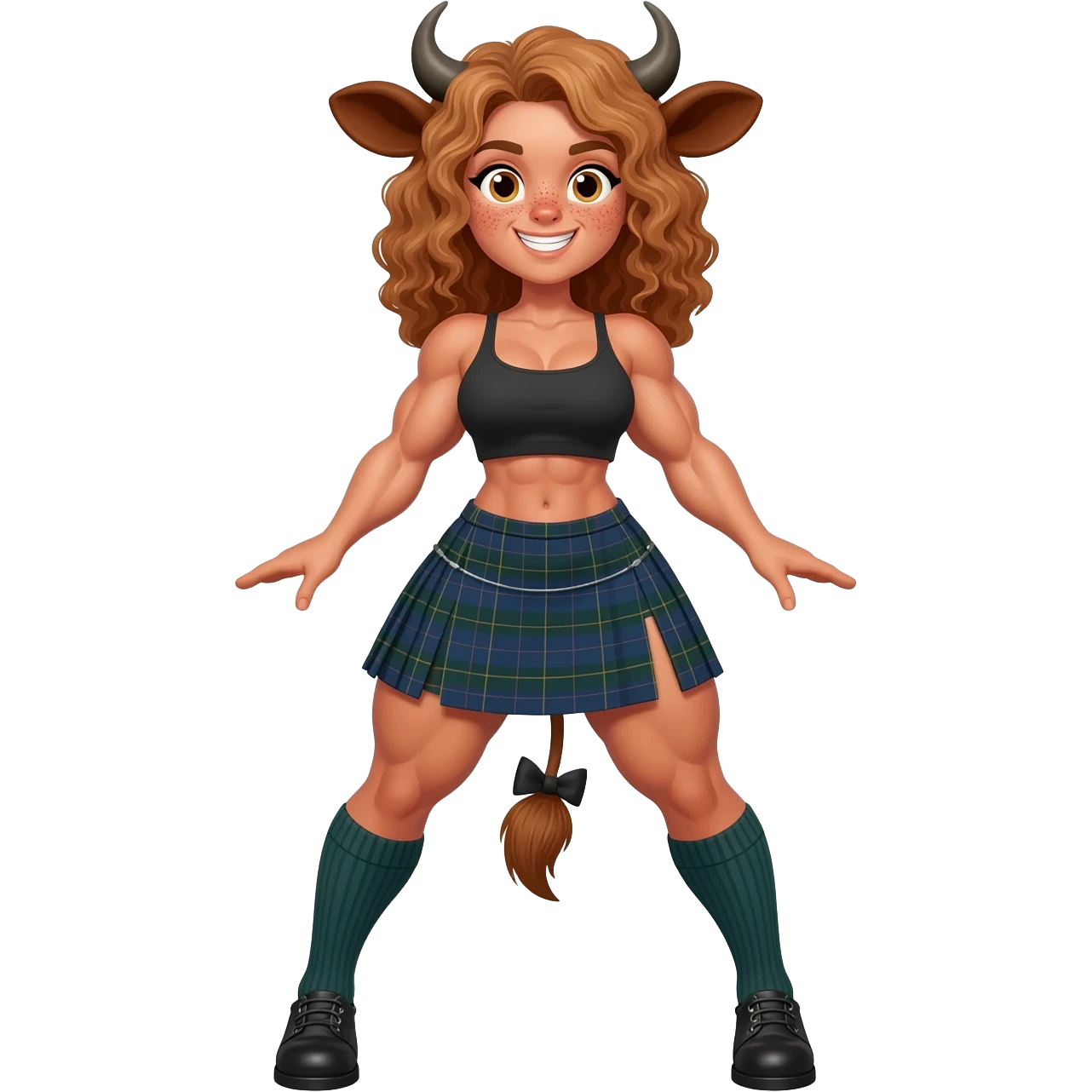 playful buff curly woman with frecles with light brown messy hair leans forward with her strong fat thights wide apart with cow horns and cow brown ears with big butt in a short scottish kilt with a brown cow tail with a black bow at the base of the tail and with knee socks and shoes front view emoji