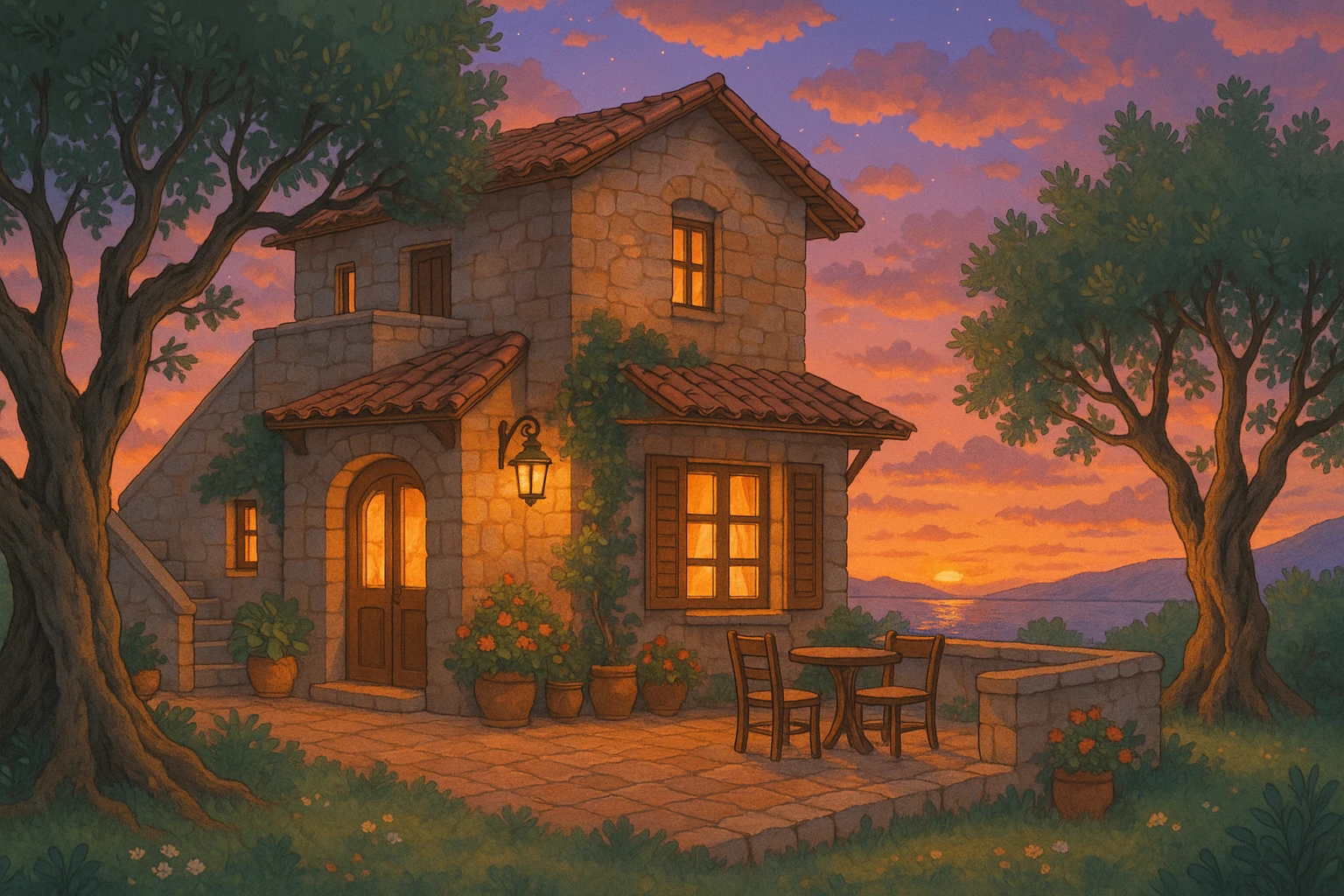 cozy Bodrum villa with terrace, olive trees, and sunset background, ghibli-inspired style emoji