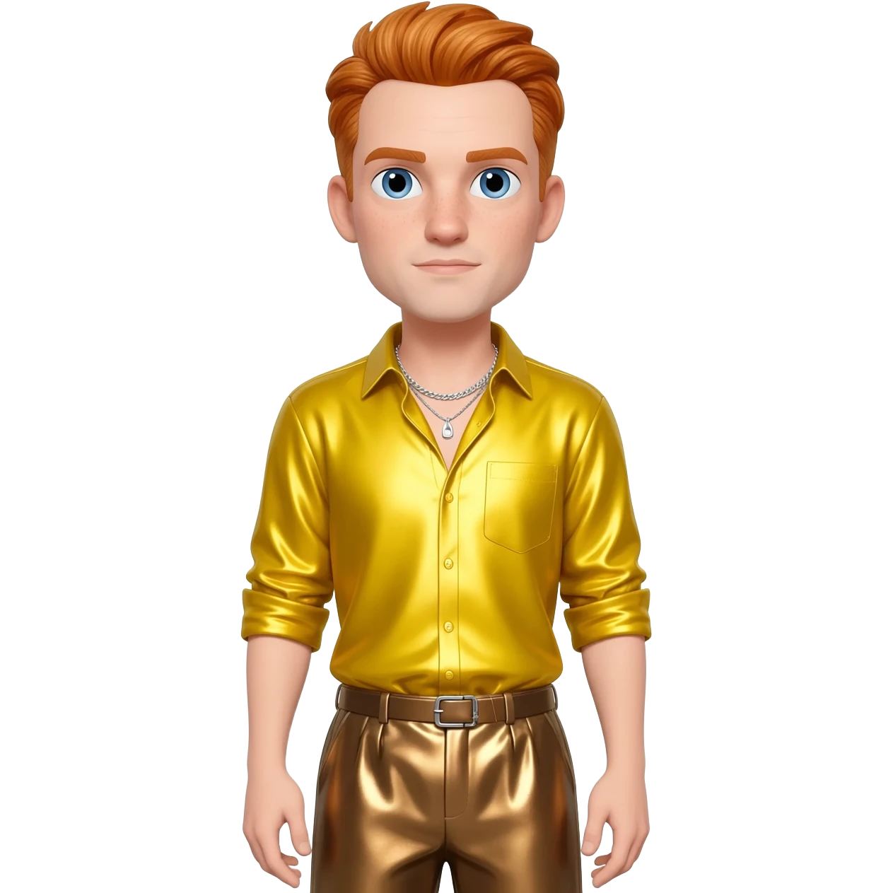 Dave England with blue eyes, reddish blonde hair, yellow metallic shirt, bronze metallic baggy pants, silver necklace emoji