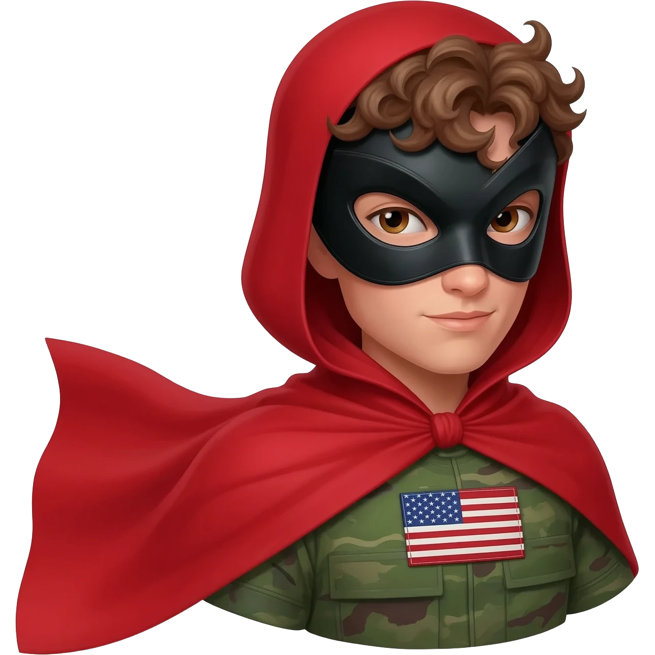 A superhero’s (Army Troop) cape blowing in the wind. Just the cape and mask. Troop is light skin with brown curly hair. Add an American Flag over Chest. emoji