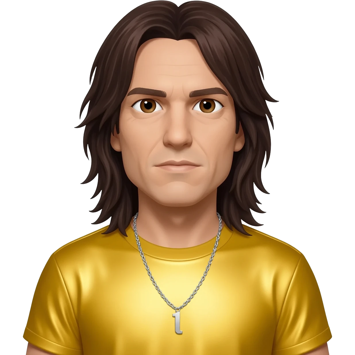 Serj Tankian with brown eyes, long dark brown hair, yellow metallic t-shirt, silver necklace emoji