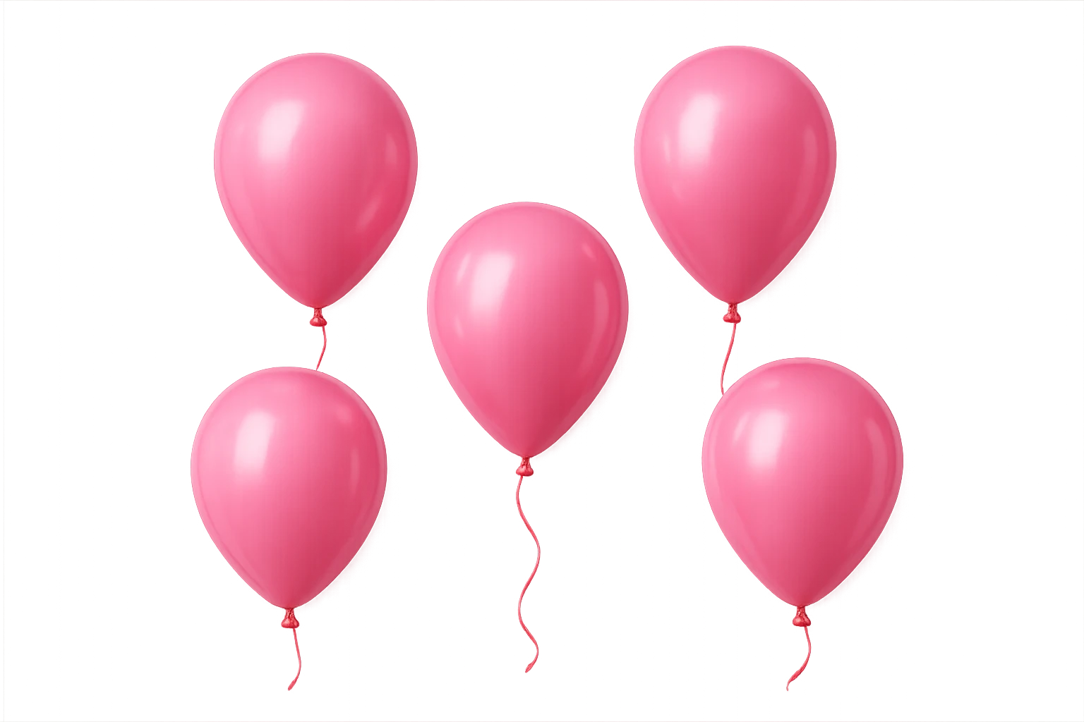 5 palloncini rosa fluttuano in aria isolati su sfondo bianco, iperrealistico 4k emoji