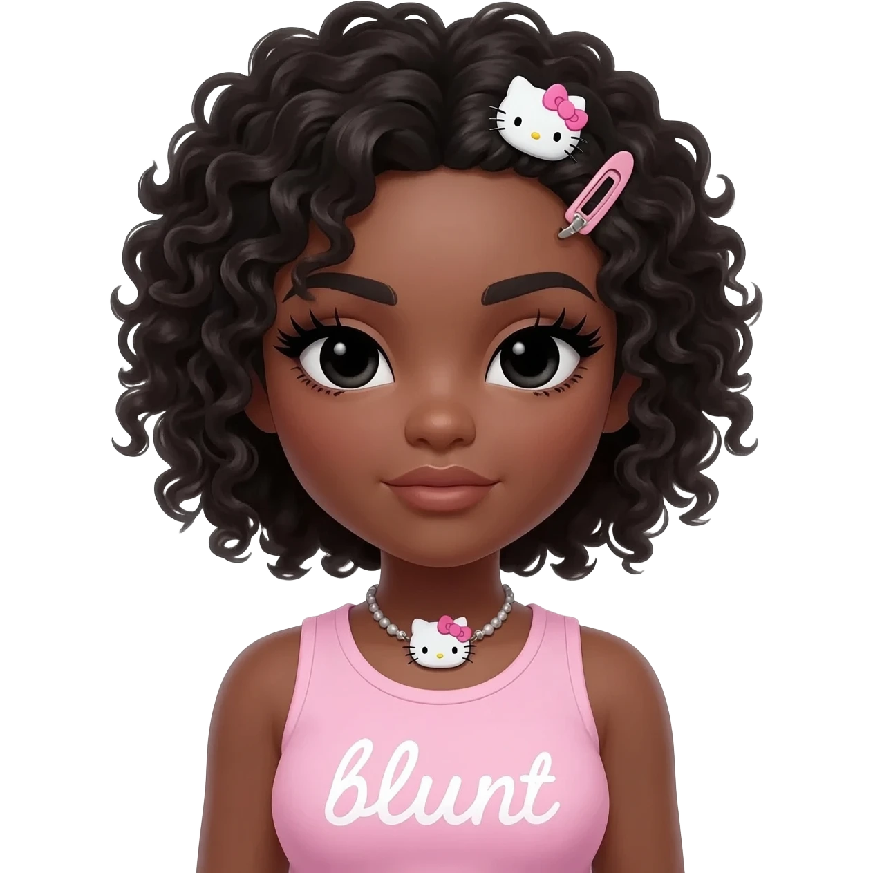 Long giant lashes, my melody hairclip, Doll faced shaped, hello kitty necklace, bimbo, black doll eyes, barbie, dark brown skin with curly black hair, light pink bimbo sleeveless shirt says "blunt" , big breast emoji
