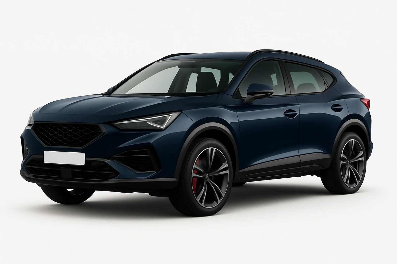 Change the car color to navy blue and remove the logo brand from the front. Keep the style and background the same as the original image. emoji