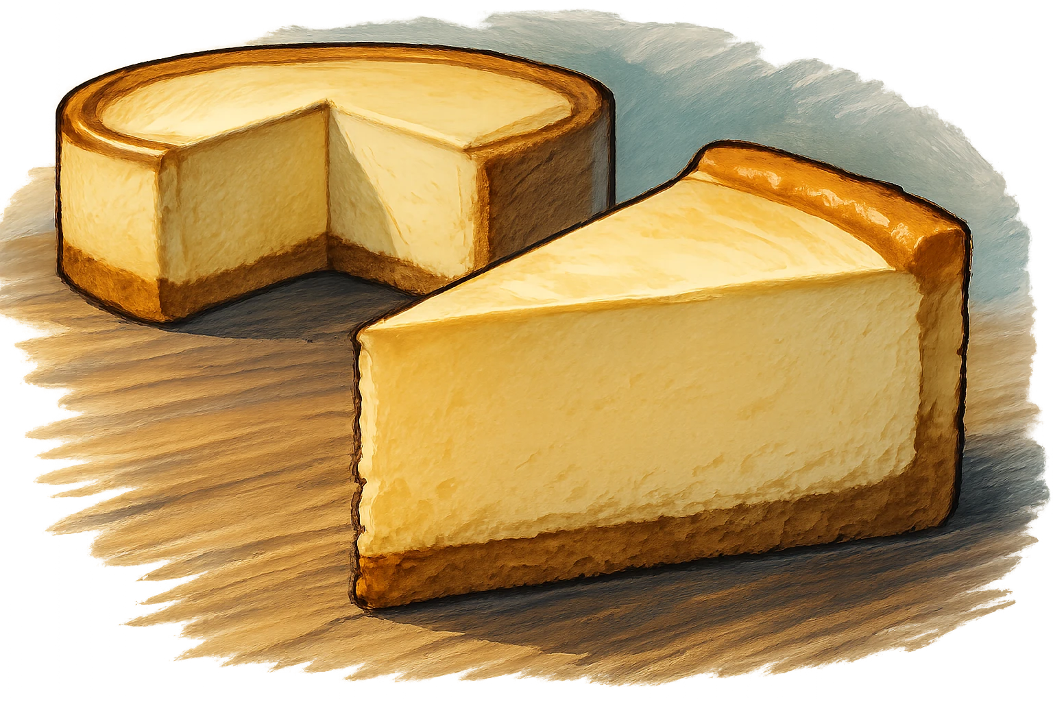 В слегка рисованном, но при этом ярком и объемном стиле с четкими линиями составь фотореалистичную композицию, где лежит кусок чизкейк, вырезанный из целого торта, профессиональный свет, подчеркивающий объем, сделай картинку более широкой, прозрачный фон emoji