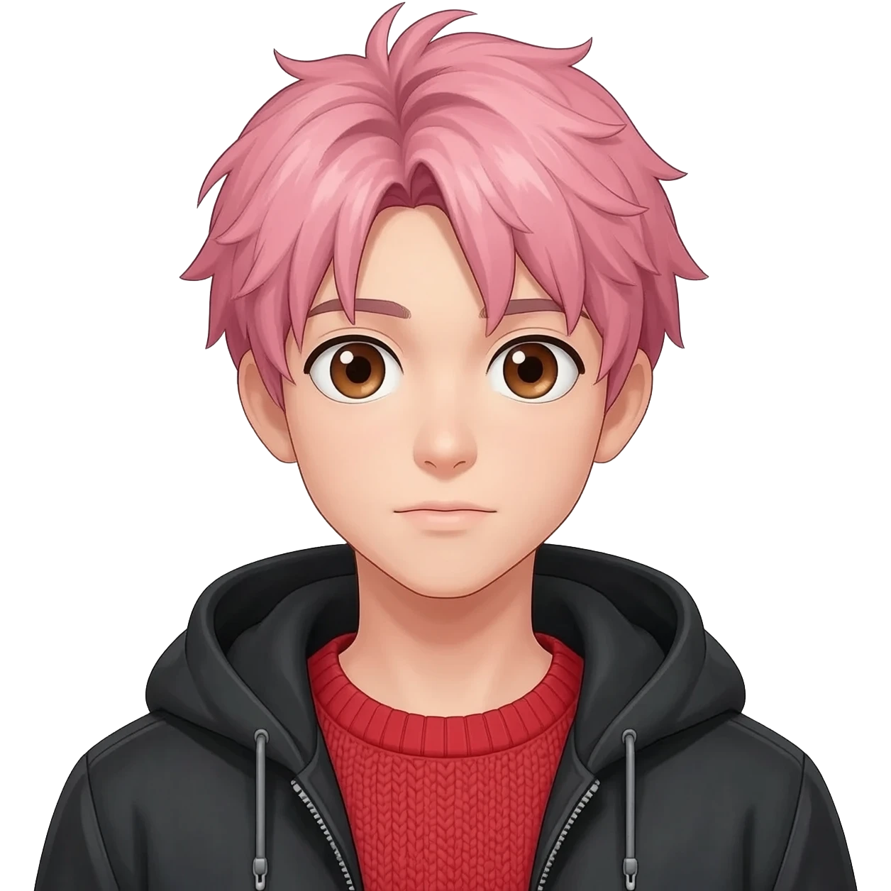 A Anime  boy teenager with and brown eyes messy  pink hair in where's a red sweater under a black jacket emoji