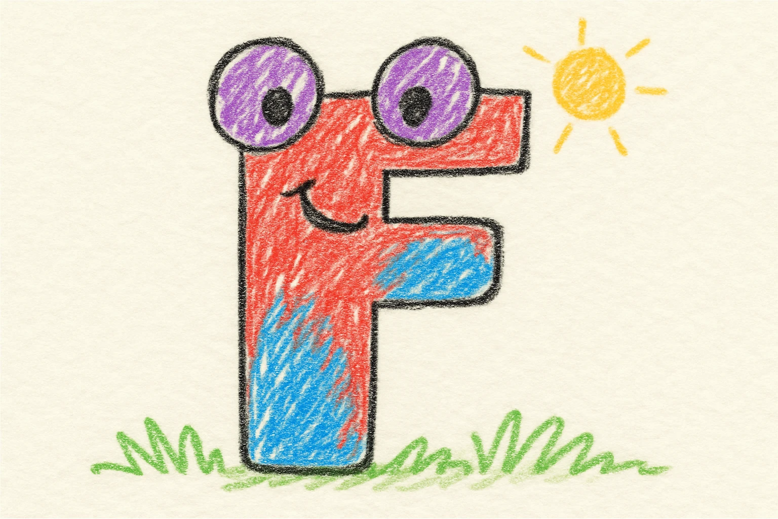 The letter F in a playful, colorful cartoon style, suitable for a children's ABC set, with a fun and friendly expression. emoji