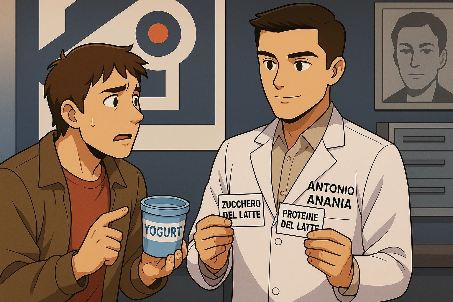 fai un webtoon manga a colori con questo stile, in cui un uomo ASCOLTA Il kinesiologo con il camice bianco (fagli anche la scritta "ANTONIO ANANIA" SUL CAMICE, IL KINESIOLOGO SPIEGA ALL'UOMO UNA COSA TENENDO DUE FOGLIETTINI IN MANO, UNO CON LA SCRITTA "ZUCCHERO DEL LATTE" E UNA CON LA SCRITTA "PROTEINE DEL LATTE". L'UOMO OSSERVA LO YOGURT CHE HA IN MANO CON ESPRESSIONE DUBBIOSA IN VOLTO. non fare i fumetti però, fai solo in modo che sembri stiano parlando emoji