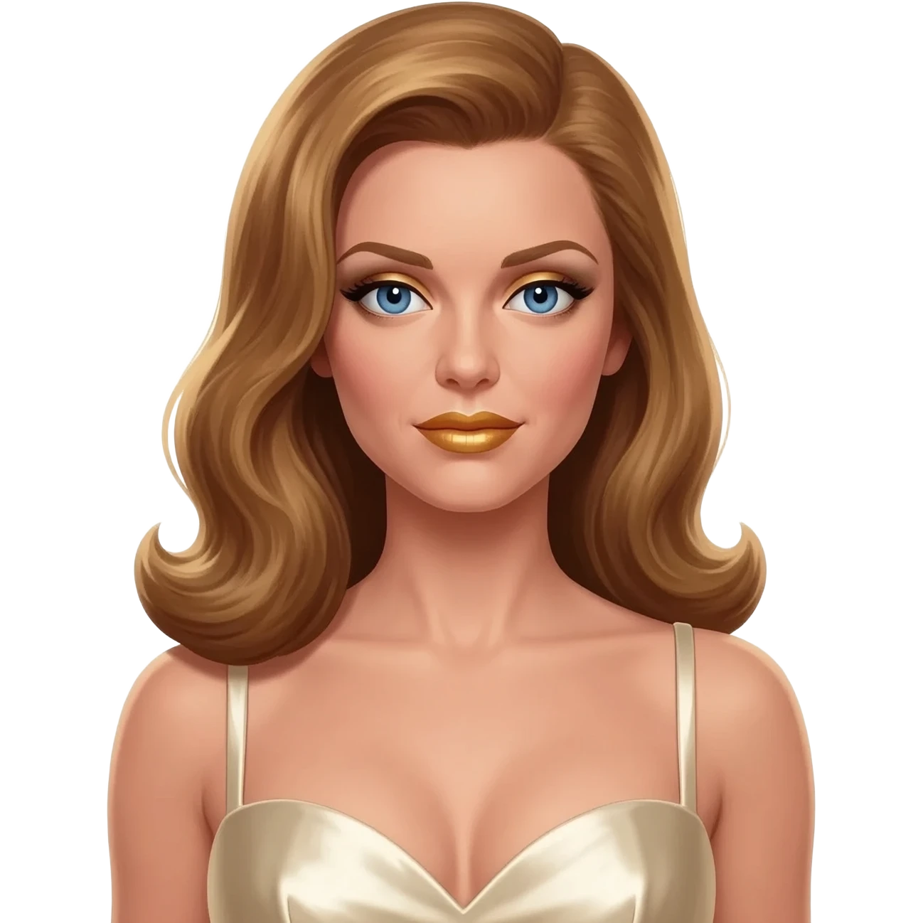 Gwendolyn Gann from James Bond Series with blue eyes, gold lipstick, ivory eyeshadow, long golden brown hair, ivory metallic sweetheart dress emoji
