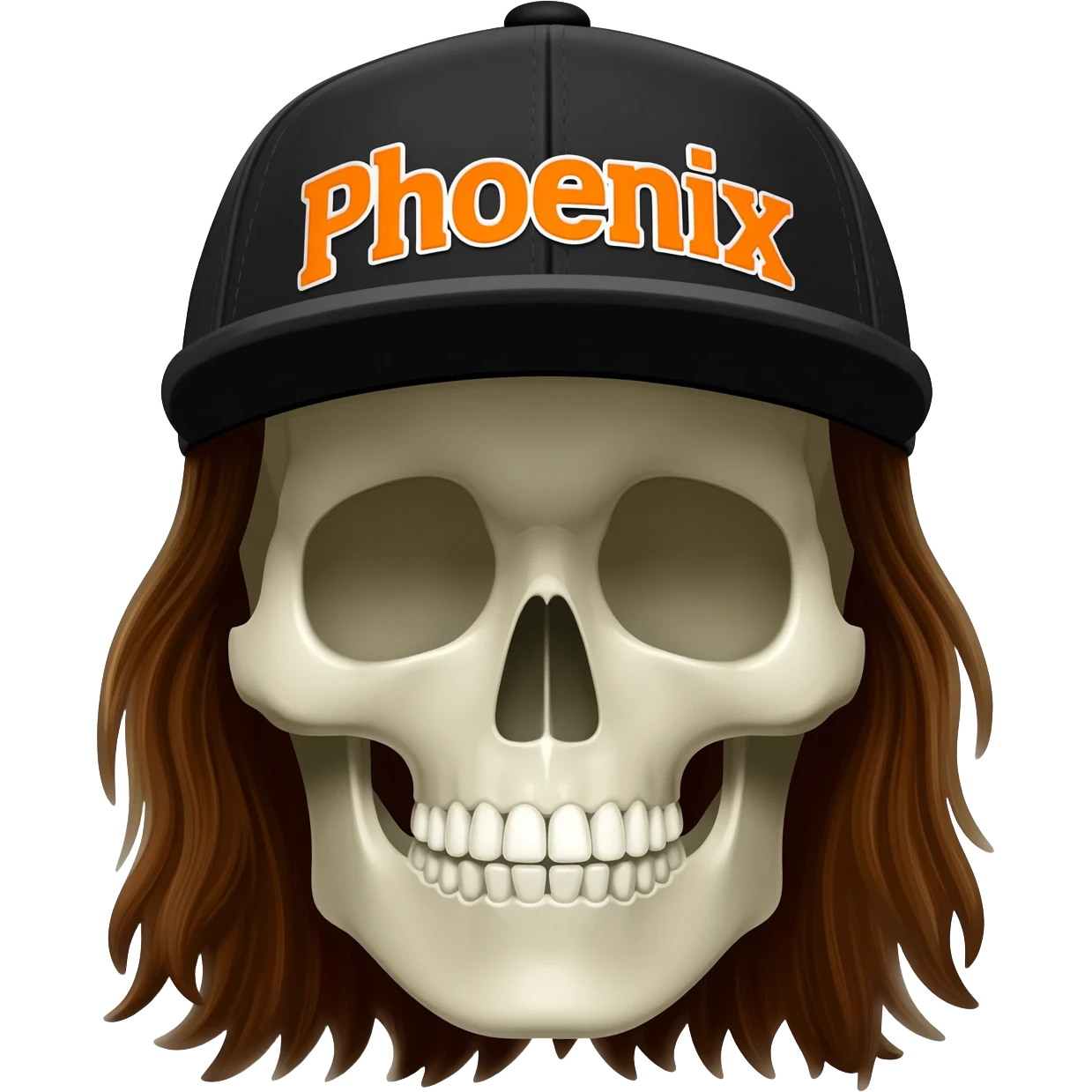 Create a skeleton head wearing a black baseball cap that says " Phoenix " in orange, and white lettering, with long brown hair emoji
