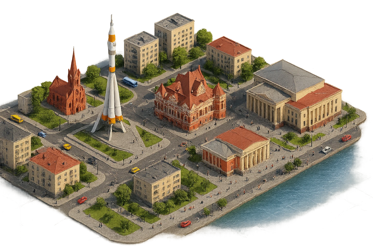 Изометричная чёткая миниатюрная фотореалистичная 3D модель панорамы Самары — Площадь Славы, Памятный комплекс ракеты-носителя «Союз», Храм Пресвятого Сердца Иисуса, Самарский академический театр драмы им. М. Горького, Самарский академический театр оперы и балета, набережная Волги, дома, люди, автотранспорт. Вид сверху в изометрии, яркие цвета, прозрачный фон, компактная композиция. emoji