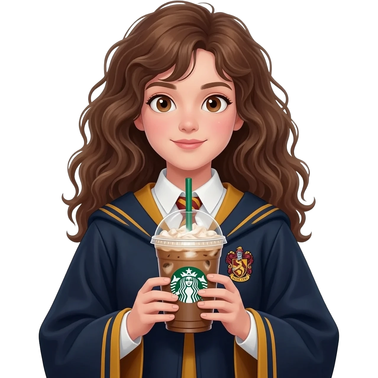 a girl with messy wavy hair in a Ravenclaw robe, she's holding an ice starbucks americano in her hands emoji