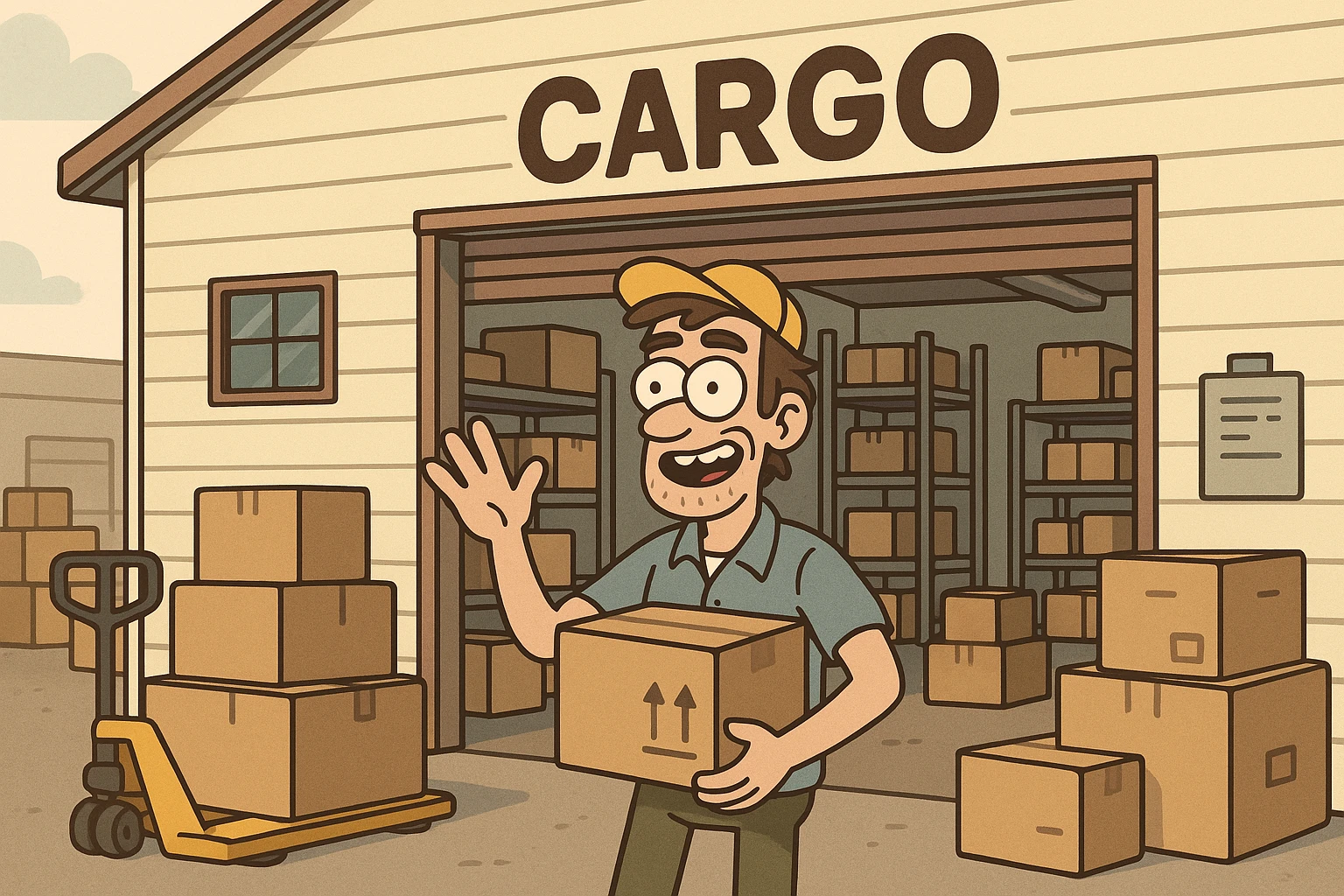 cargo warehouse, cartoon illustration style emoji