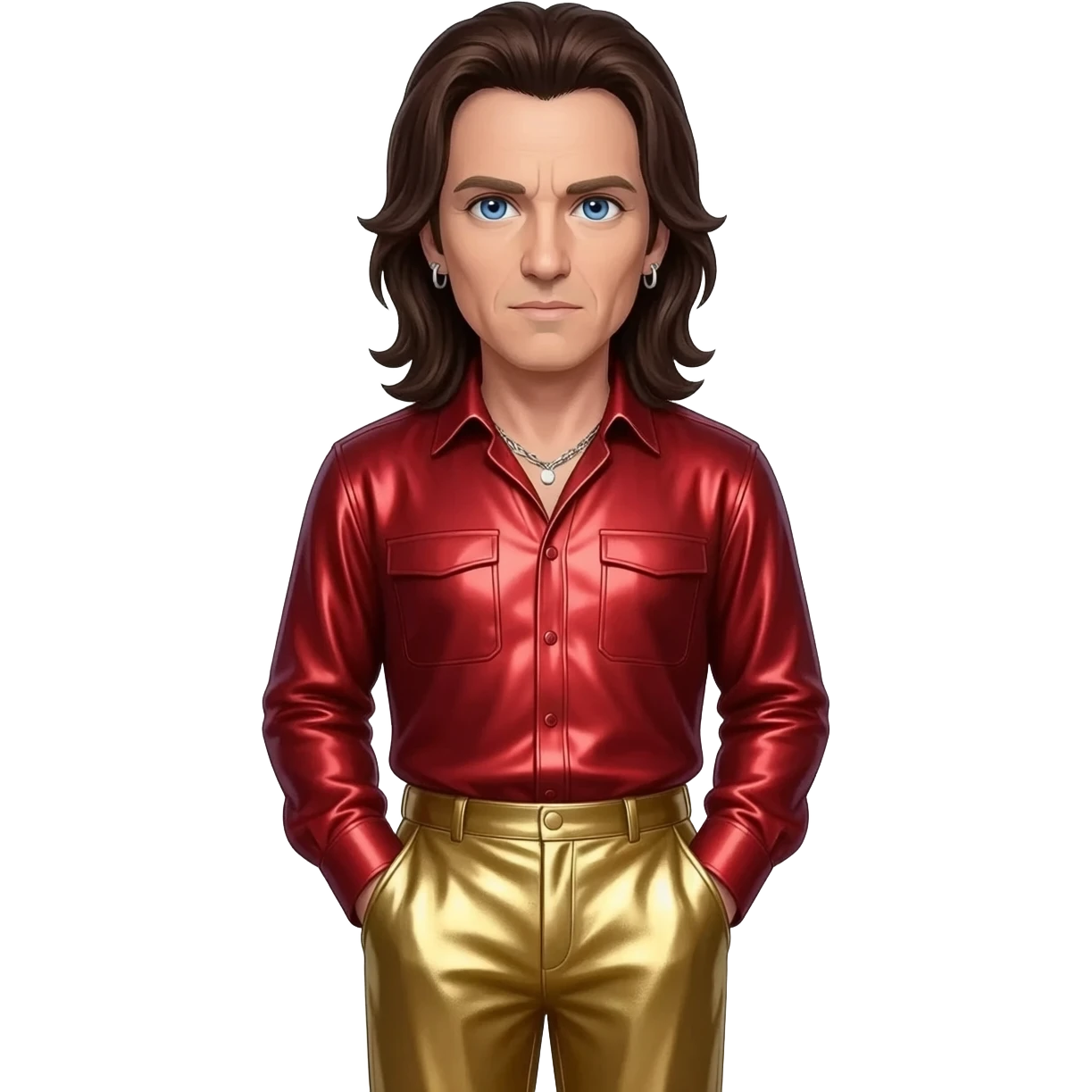 Bono from U2 with blue eyes, long dark brown hair, red metallic shirt, gold metallic baggy dress pants, silver necklace and short earrings emoji