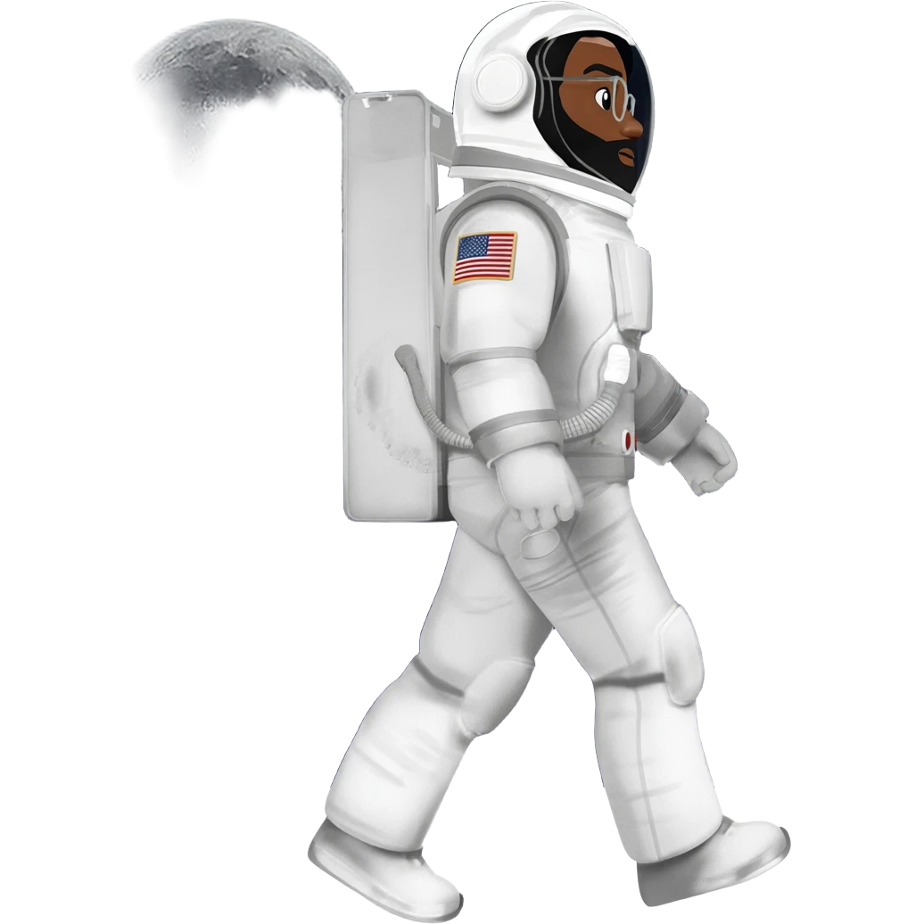 astronaut moon on back with helmet walking space brown skin, black eyes, glasses and beard  black hair show body emoji