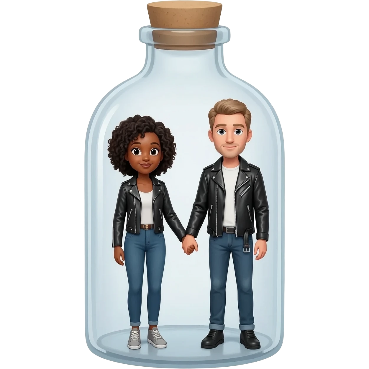 Picture Of 2 lovers inside a bottle  (girl is black , guy is white with lether jacket) emoji
