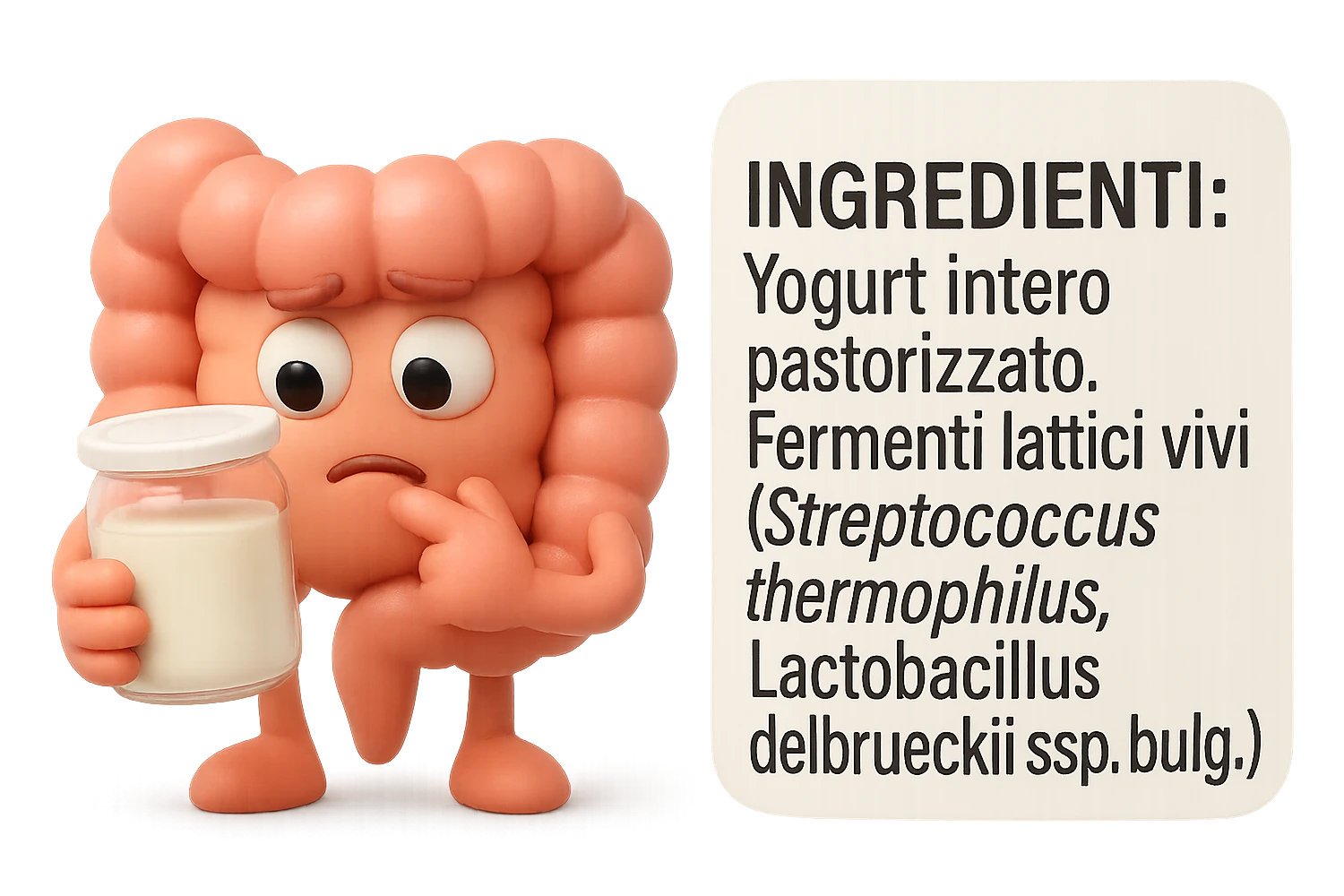 EMOJI STILE IPHONE 3D DI UN INTESTINO CHE HA IN MANO UN BARATTOLO DI YOGURT CONFEZIONATO DA SUPERMERCATO E LEGGE L'ETICHETTA NUTRIZIONALE CON GLI INGREDIENTI IN ITALIANO, ACCANTO ALLO YOGURT CHE HA IN MANO C'è UN FOCUS SULL'ETICHETTA CON GLI INGREDIENTI SCRITTI emoji
