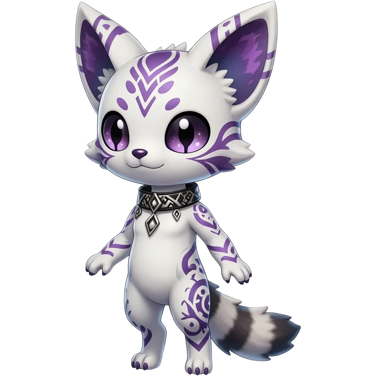 Rar colorful white exotic cute epic aesthetic gothic colorful Salandit-Eevee-Civet-species-Fakemon-hybrid-creature, with a collar, and with intricate tribal markings, full body emoji