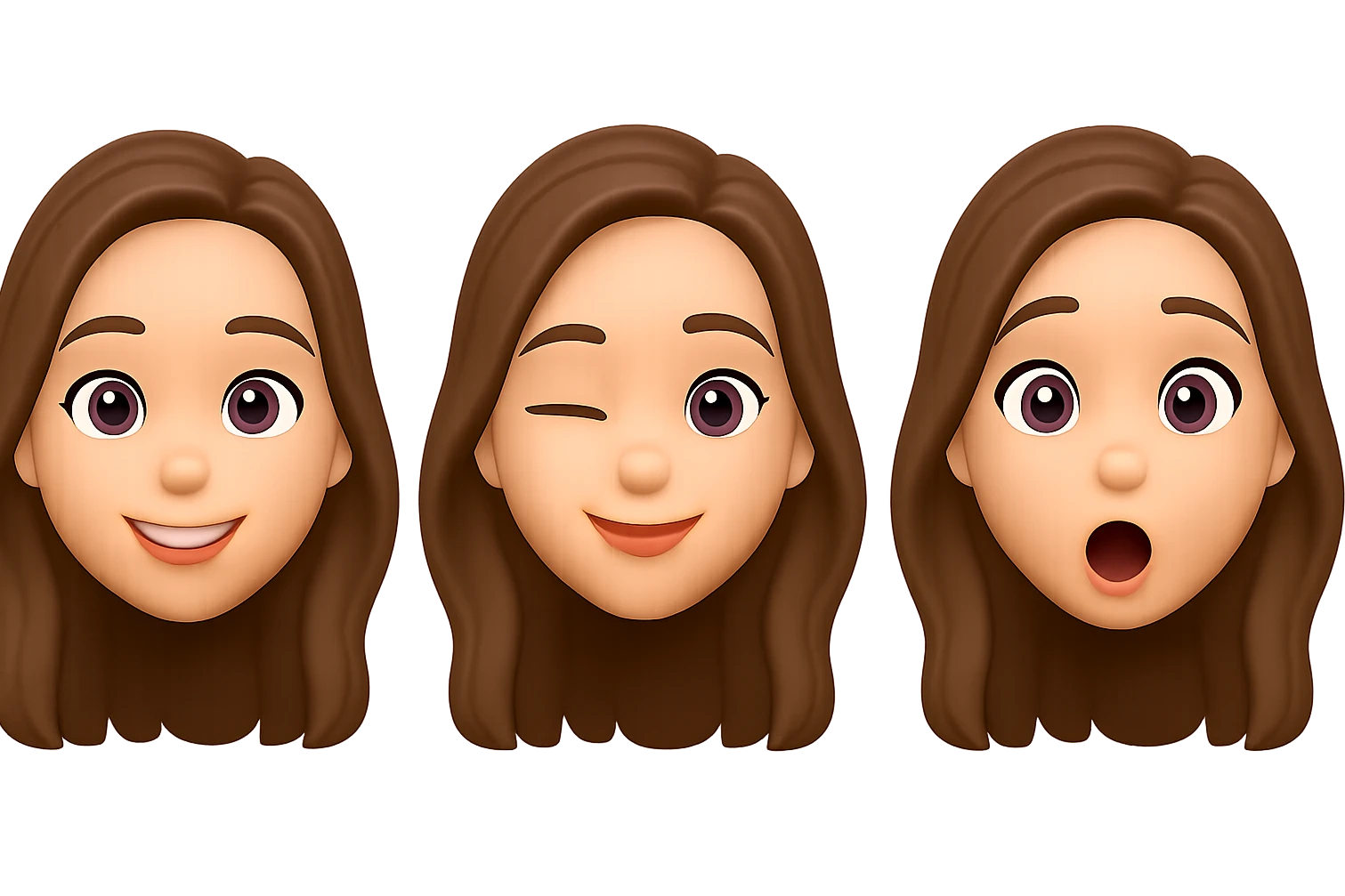 Convert the girl in the image into a set of 3D emoji style emoticons with transparent background, focusing only on the face and simple expressions. Microsoft style 3D fluent emojis do not support text, so keep the expressions concise and clear. emoji