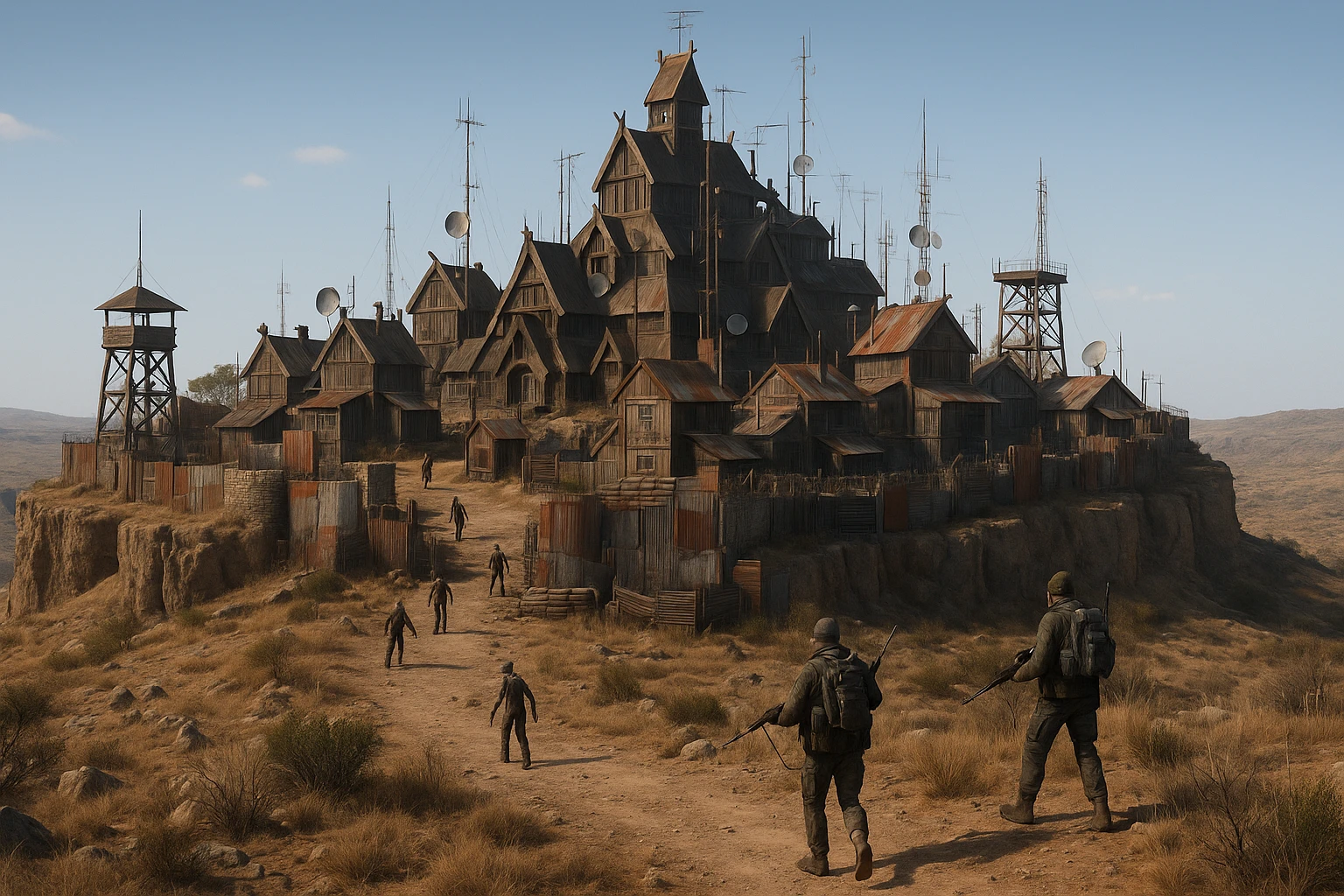 A small hilltop mesa city in the videogame dayz, screensot, based on whiterun but with modern DayZ architecture  emoji