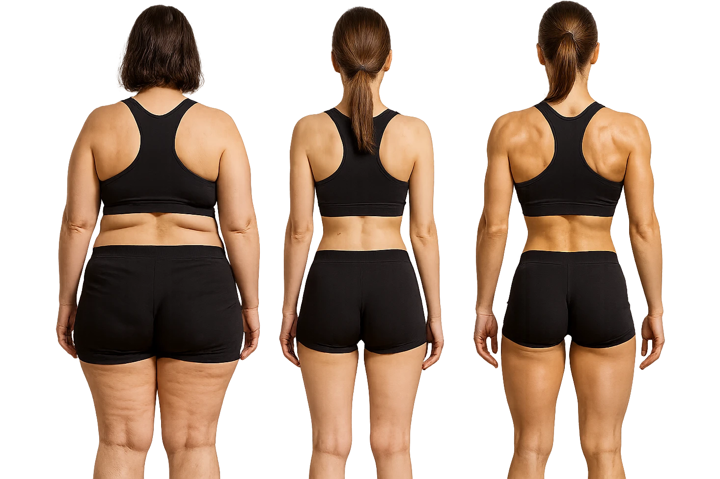 fai una donna di spalle in gym shorts leggermente sovrappeso e con cellulite e accanto una seconda donna di spalle magra (che è dimagrita post dieta) e accanto una terza donna in forma allenata e con le giuste proporzioni, l'immagine deve rappresentare il processo: da donna grassa, a donna piatta e magra, a donna allenata e in forma con i giusti muscoli, iperrealistico 4k emoji
