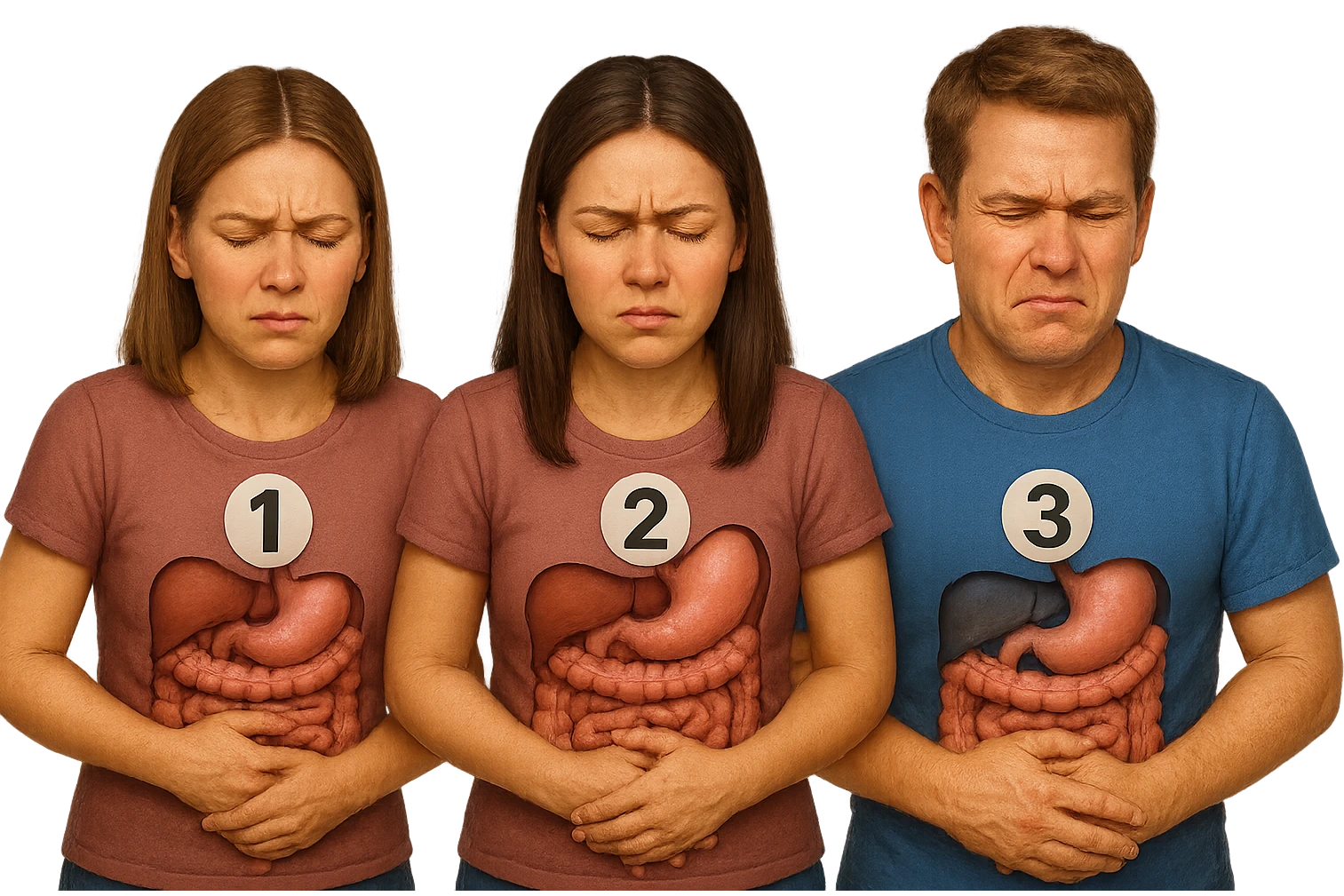 emoji stile iphone di 3 persone, due donne e un uomo, con intestino realistico e mal di pancia, sulle donne ci sono i numeri 1, 2 e sull'uomo il 3, iperrealistico 4k emoji