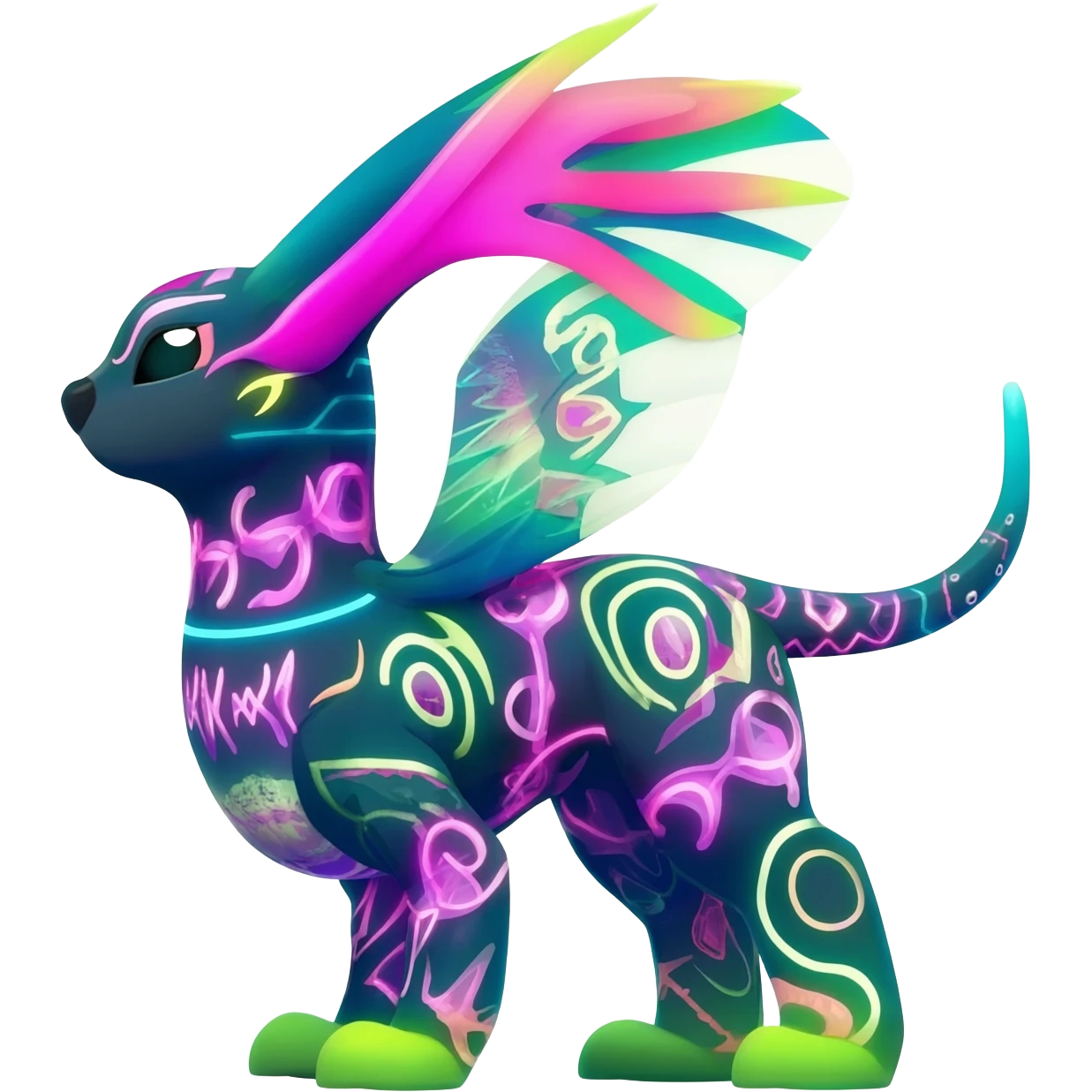 futuristic lush tropical exotic patterned swirly random-colored neon-colored Fakémon-Trico-creature (full body) emoji