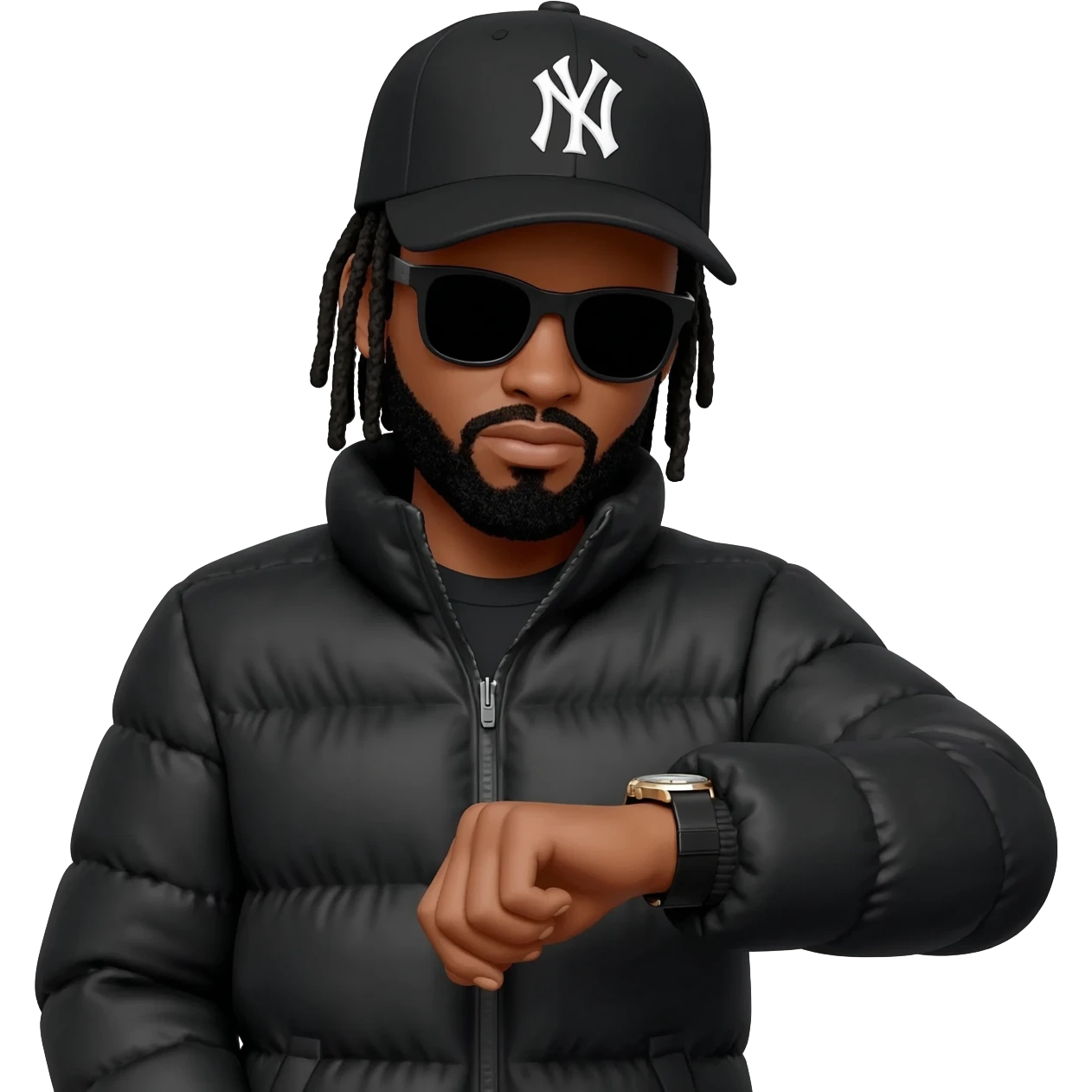 African American man with shoulder length black dreadlocks with black beard wearing black sunglasses wearing a black New York Yankees logo baseball cap wearing a black bubble winter coat wearing a wrist watch looking at the time on his wrist watch emoji