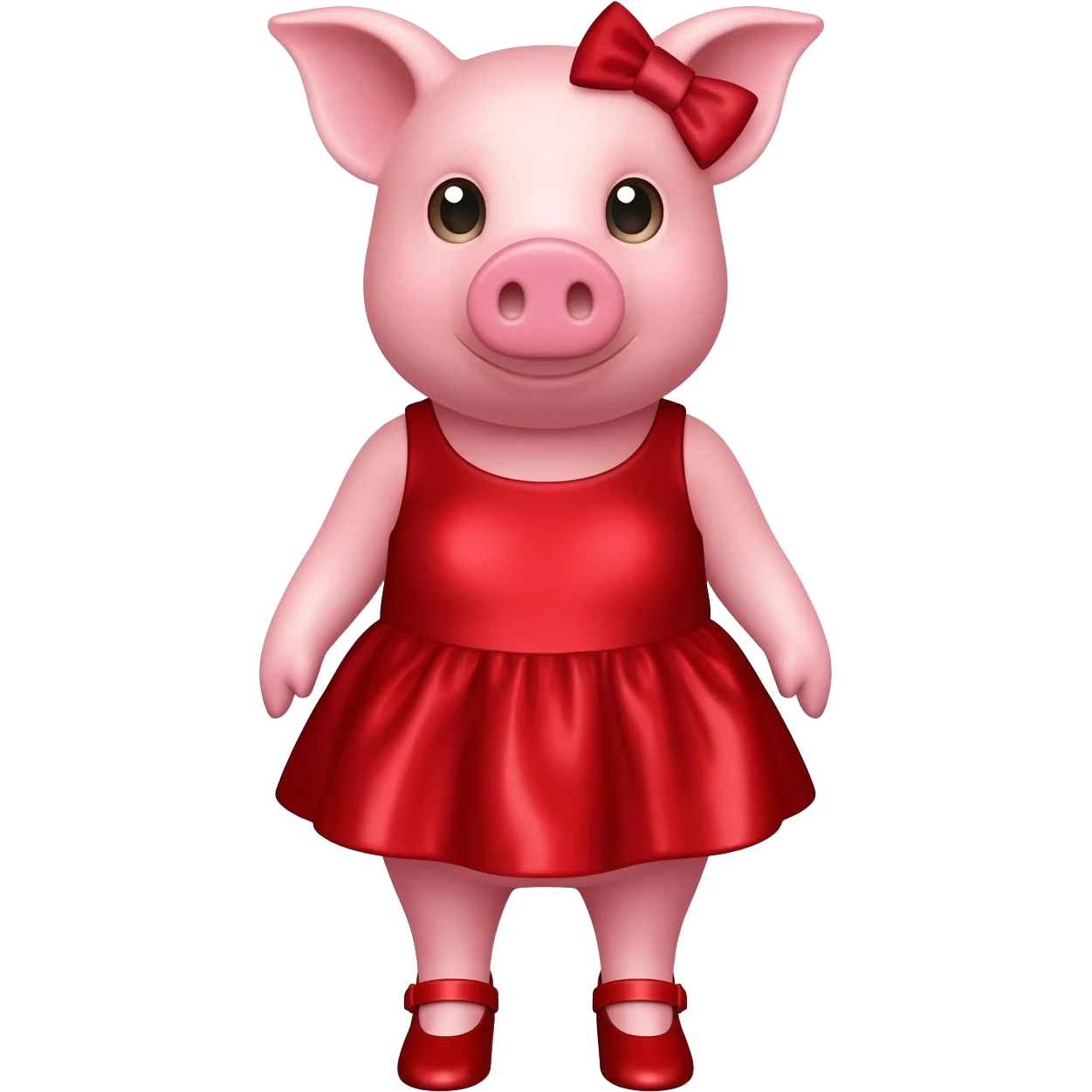 PORQUINHO FEMININO COR-DE-ROSA DE 4 PATAS+4 ANOS DE IDADE OLHANDO PARA FRENTE E USANDO 1 VESTIDO PET DE CETIM LISO VERMELHO, 1 LAÇO DE CETIM LISO VERMELHO NA ORELHA DIREITA E 4 SAPATOS VERMELHOS NAS 4 PATAS SEM DATA+HORÁRIO emoji