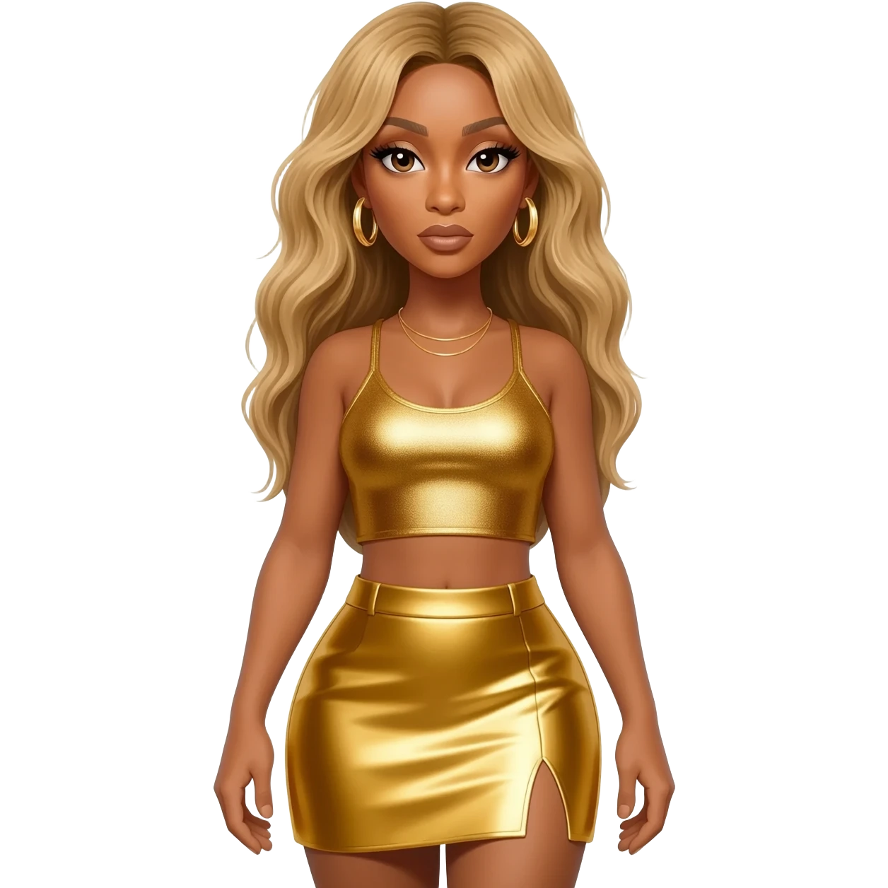 Beyonce with long blonde hair, gold metallic crop top, gold metallic skirt, gold earrings emoji