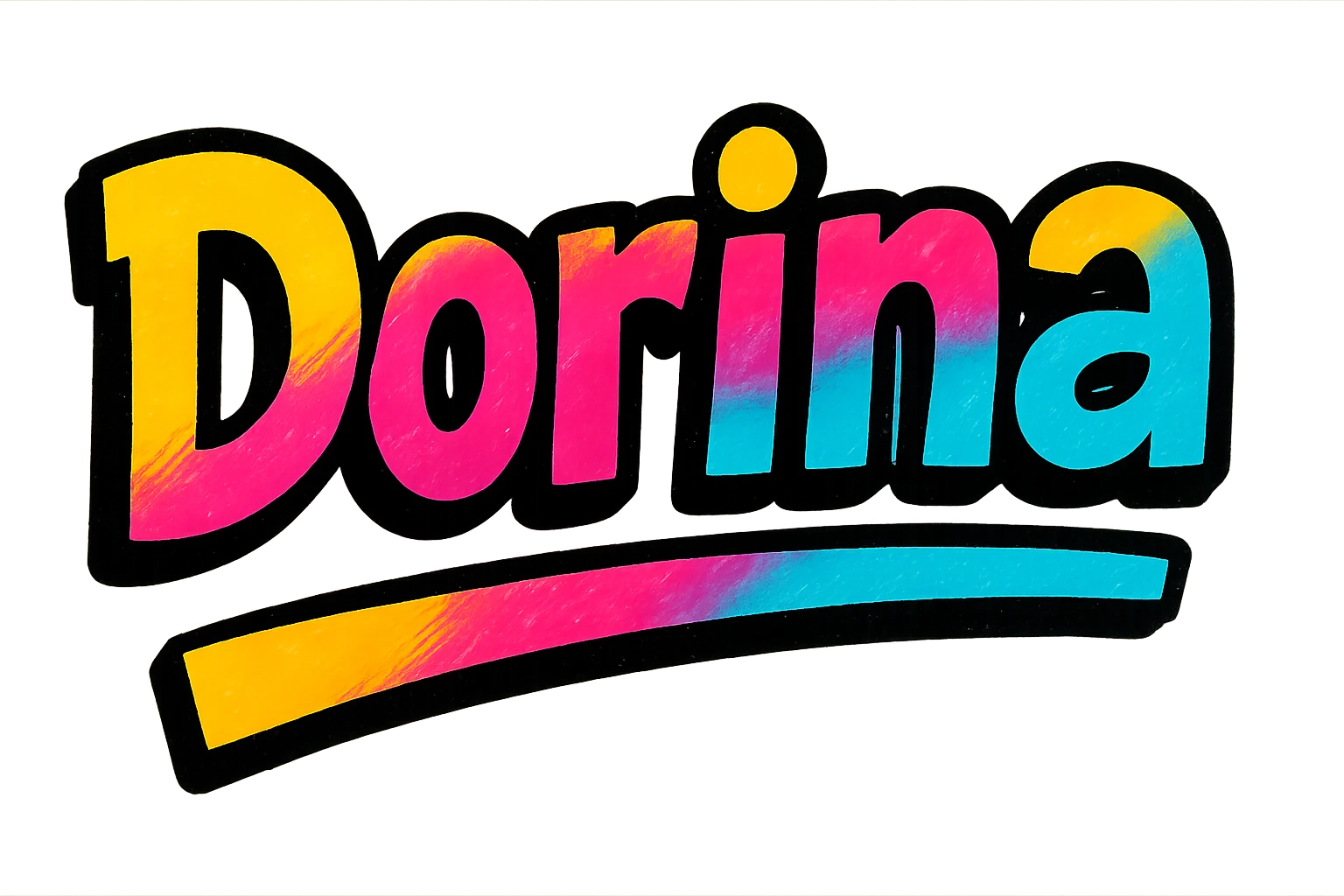 Dorina name in modern colorful gradient font with dark outline, dynamic slanted or partial underline, in the style of reference patterns emoji