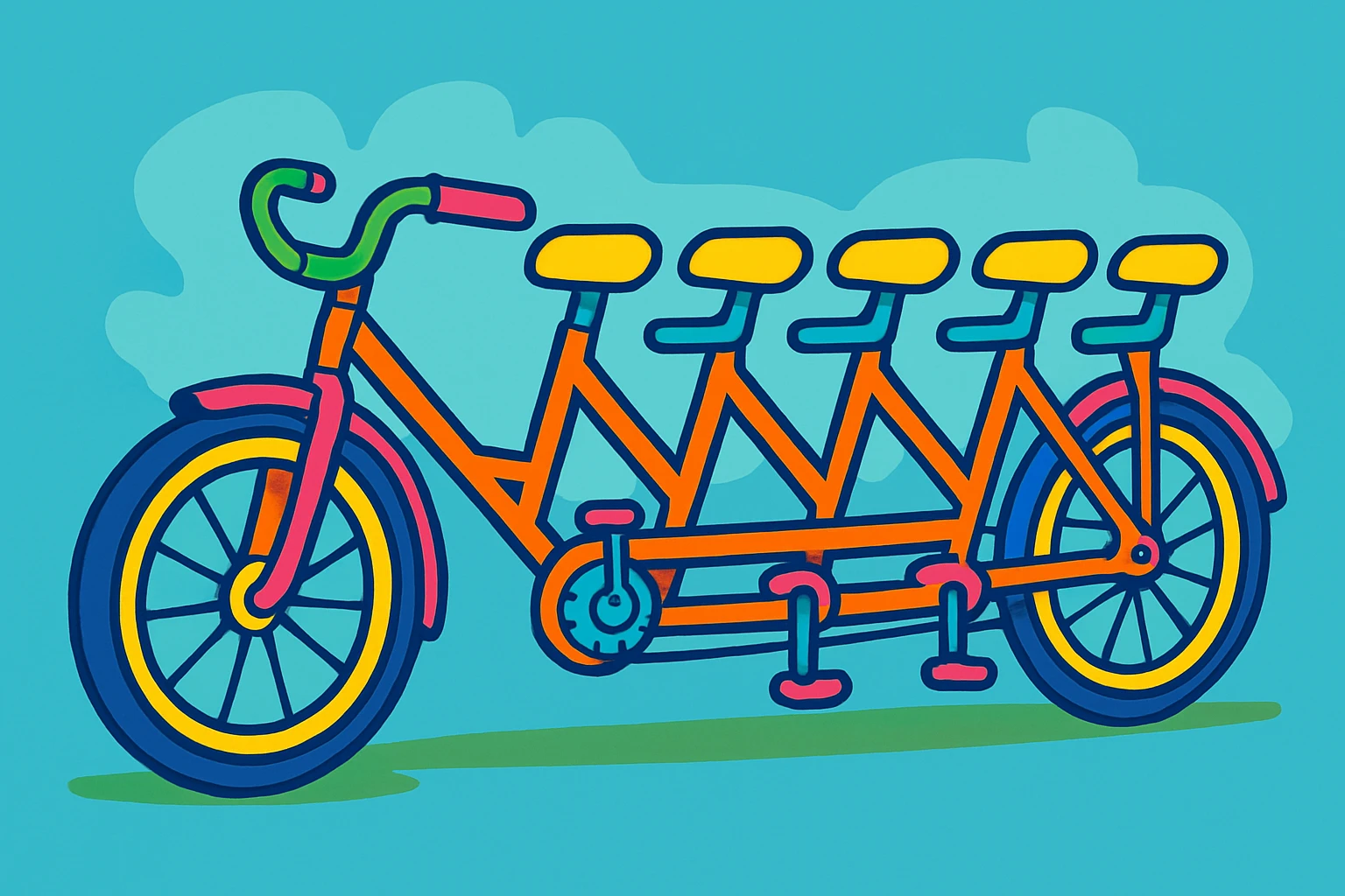 whimsical and fun 5-seater bike with five seats in a row, each with handlebars, playful and colorful style emoji