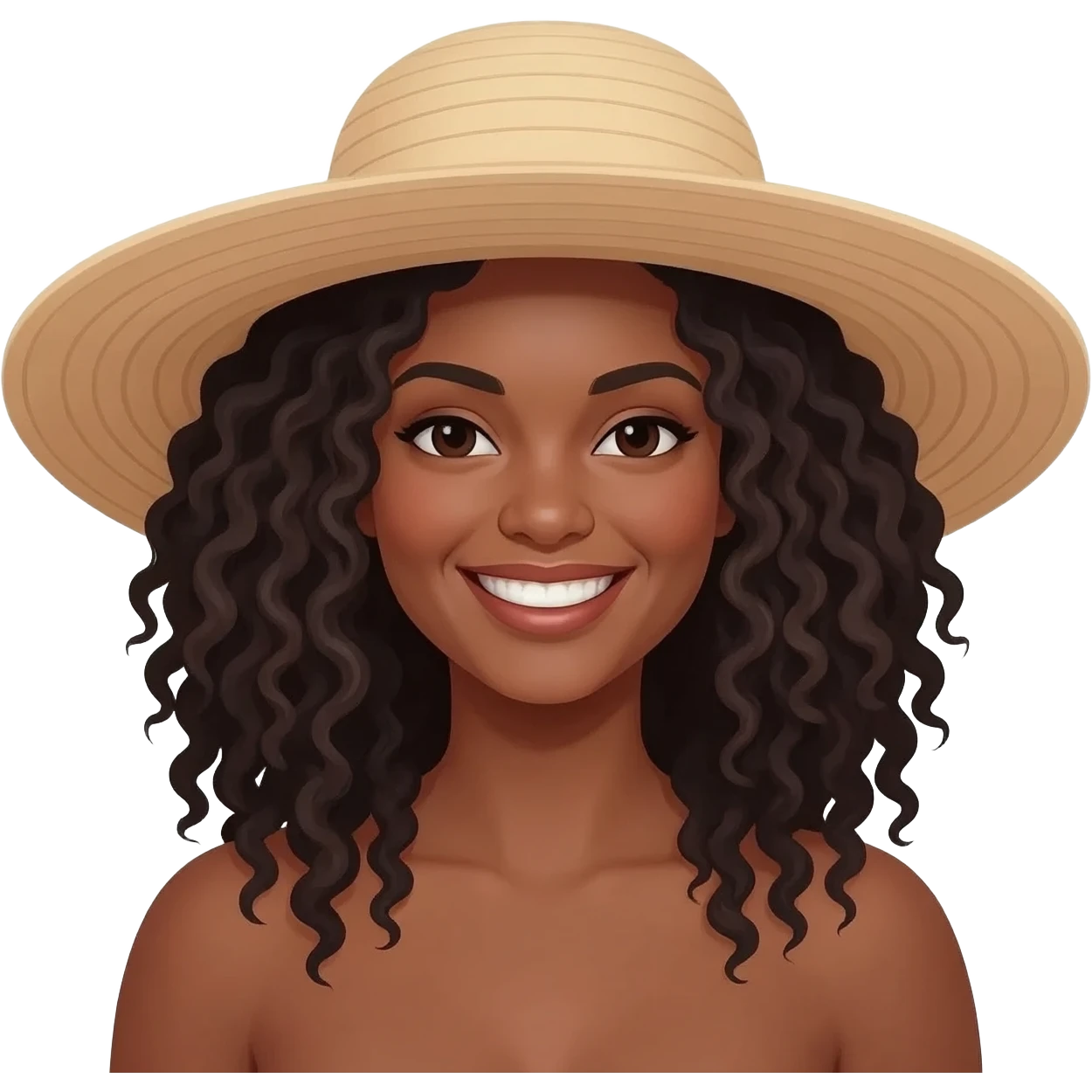 Génère un émoji avec un chapeau en forme de soleil et souriant. Une femme noir au cheveux crépu emoji