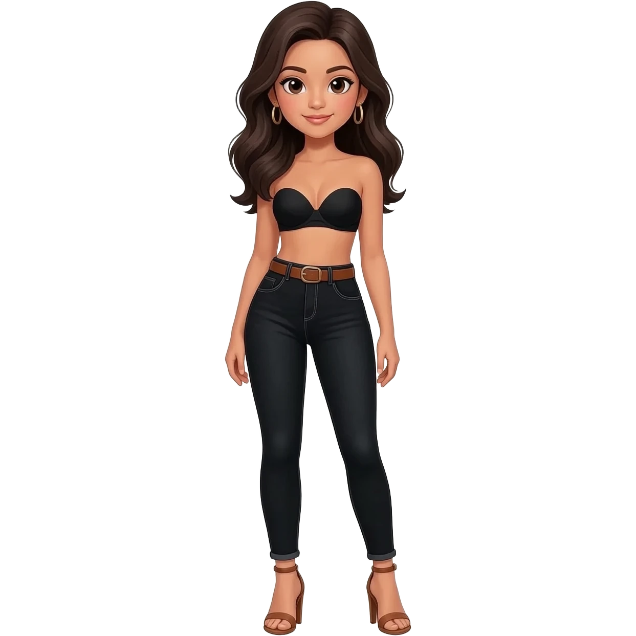 Filipino girl black bra strapless top and high waisted black jeans with brown belt with feet stand straight body wear pageant high heels sandals brown emoji
