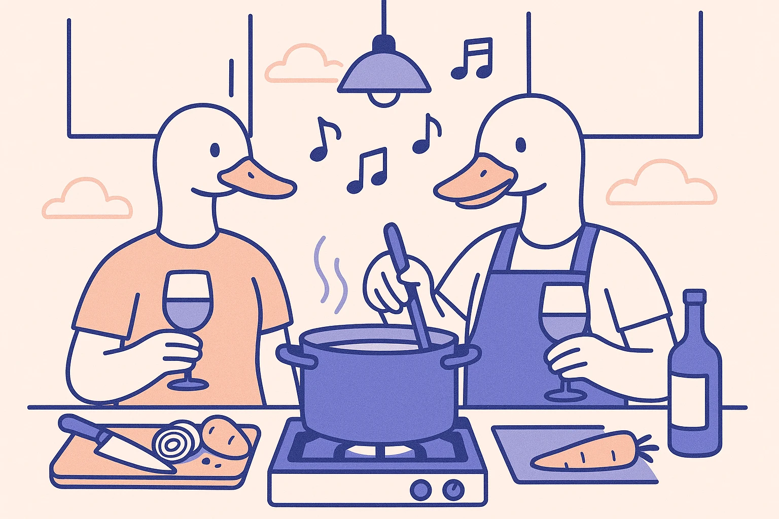 two ducks cooking dinner together in a kitchen, drinking wine and listening to music, minimalistic style, 4:3 aspect ratio emoji