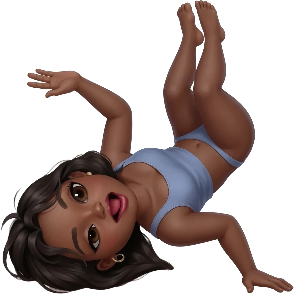 Its   flip the girl on her stomach to where her hand is on the flow and cheeks up in the air she is facing front view but her but is big so is show front behind and she is biting her lips, make her skin black, turn her whole body facing front so only her face and butt is showimg emoji