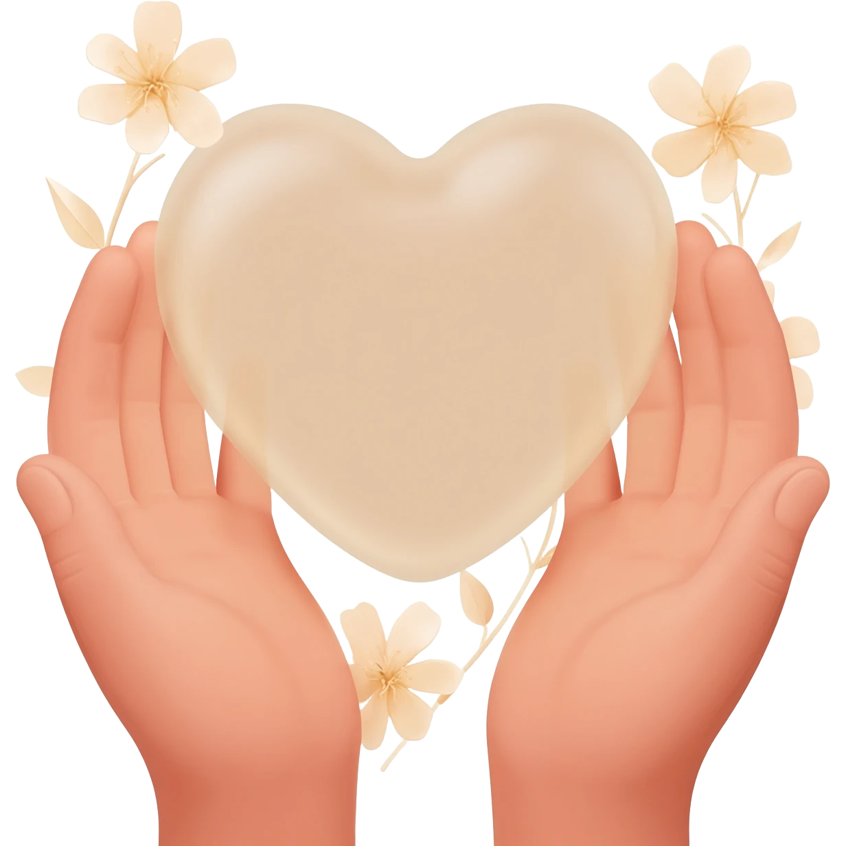 Realistic hands are holding light beige human heart with beige flowers emoji